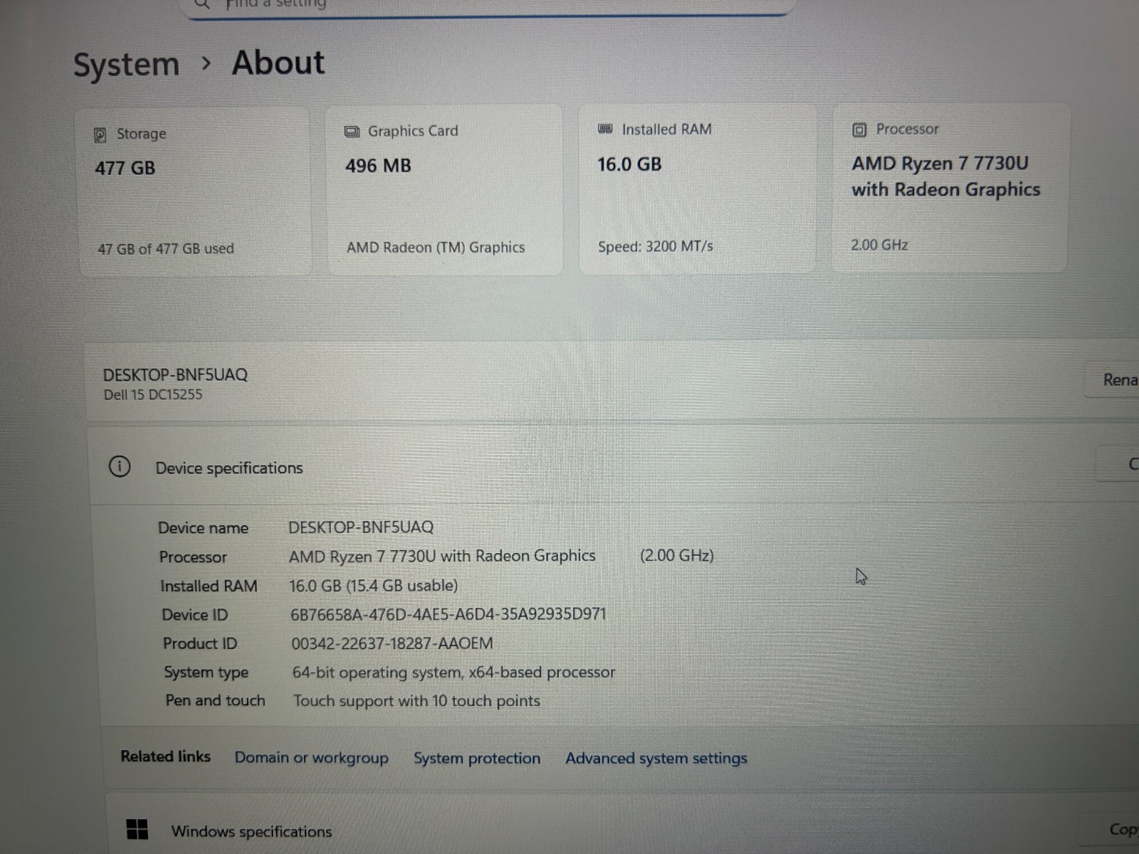 DELL 15 DC15255 G8MK9, AMD Ryzen 7 7730U, 2.00 GHz, 16 GB RAM 512 GB NVMe SSD