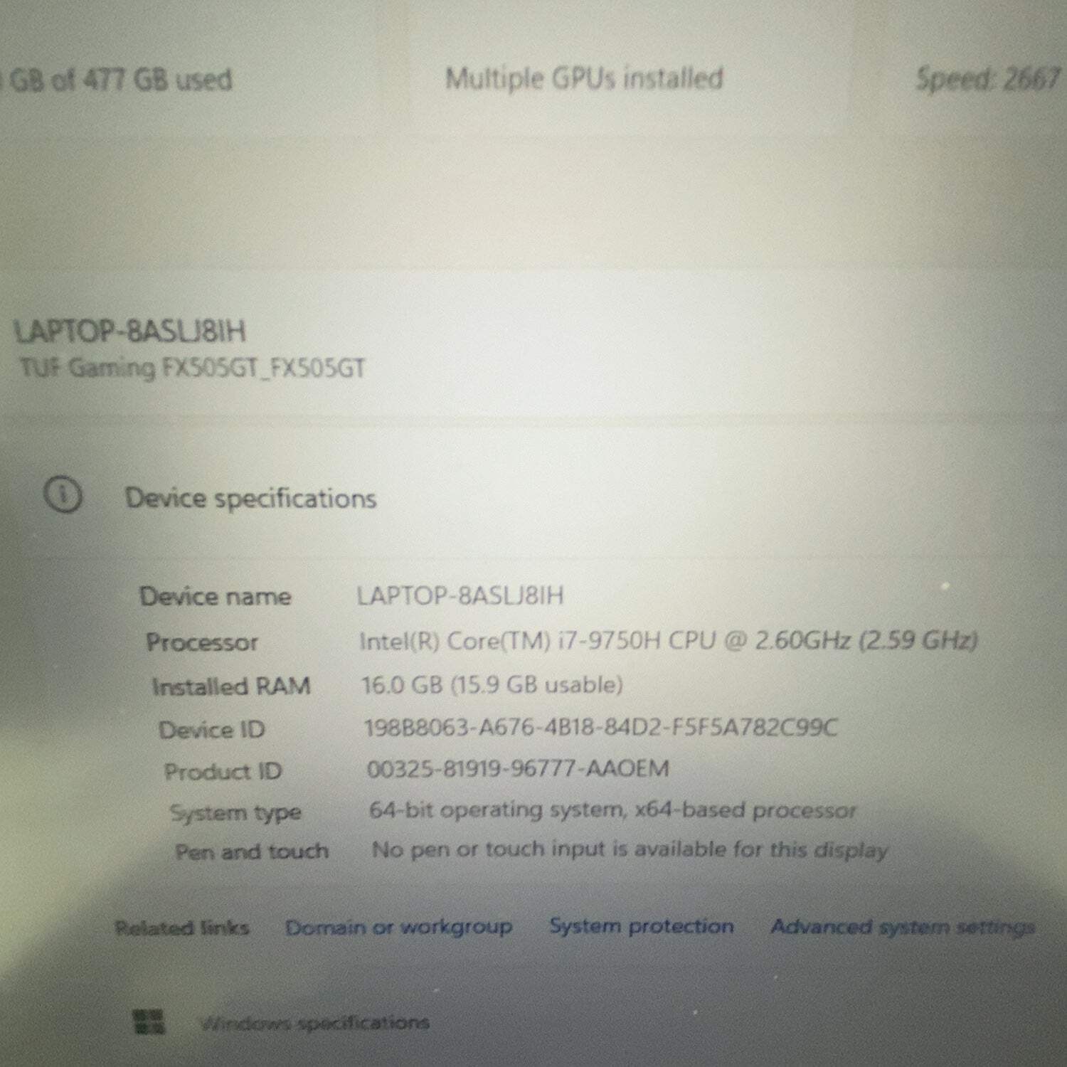 ASUS TUF GAMING LAPTOP FX505GT i7-9750H 2.6GHz 16GB RAM 512GB SSD GTX 1650 4GB