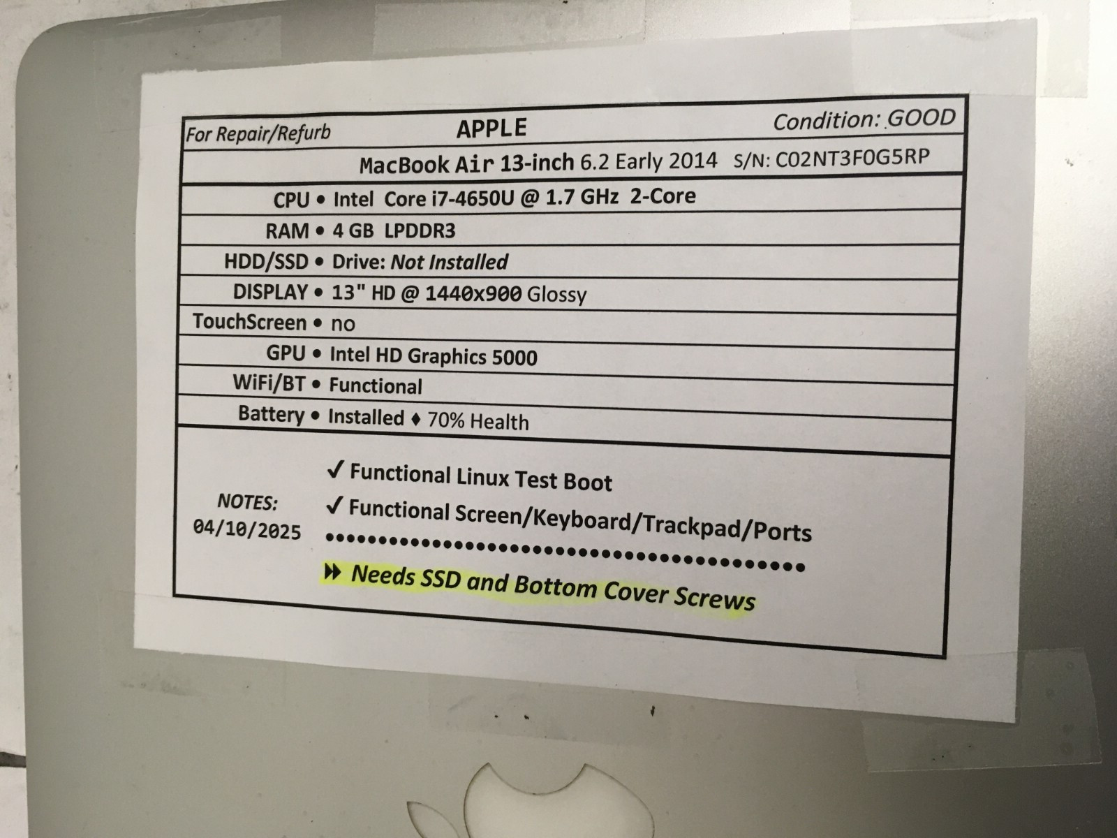 APPLE MacBook Air 13 inch 6,2 Early 2014 used laptop for parts/repair