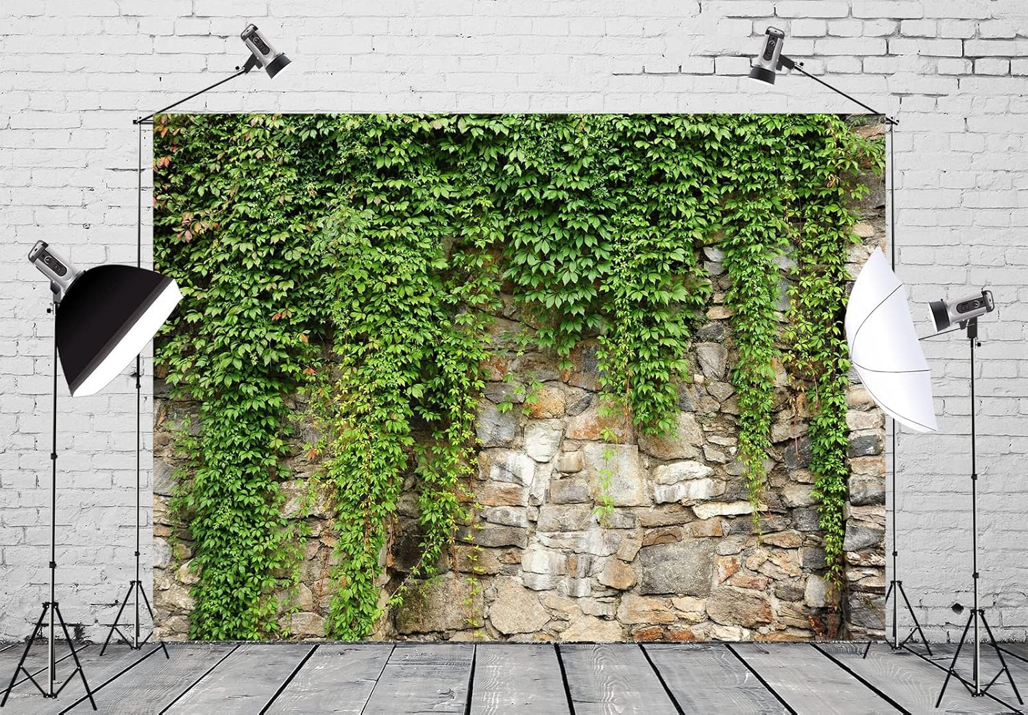 15X10Ft Fabric Green Leaves Wall Backdrop Old Stone Wall with Green Leaves Vine
