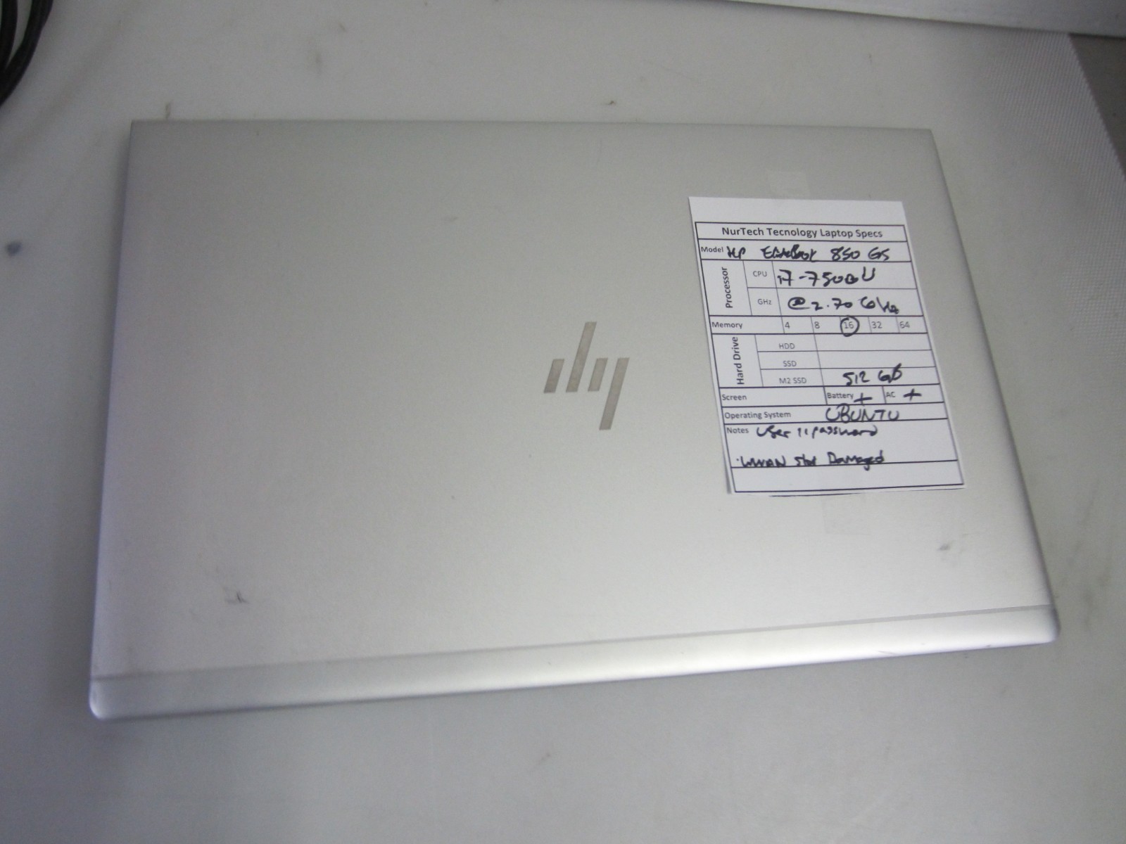 HP EliteBook 850 G5 I7-7500U 2.70GHZ 16GB 512GB M2SSD UBUNTU LAPTOP + AC READ