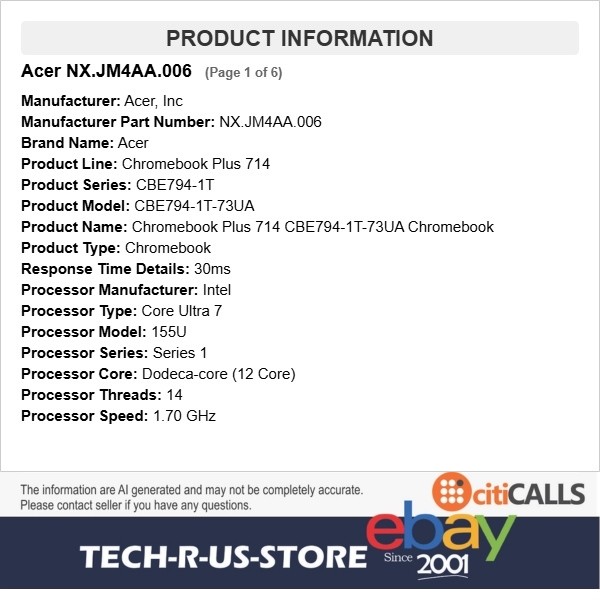 Acer NX.JM4AA.006 Chromebook Plus 714 14″ Touch Ultra 7 155U 32GB 512GB SSD