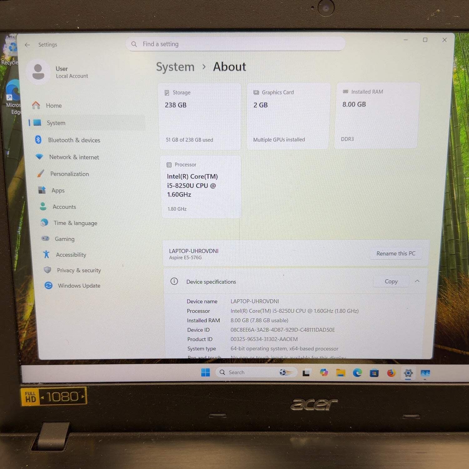 Acer Aspire E5 E5-576G 15.6″ i5-8250U 1.6GHz 8GB RAM 256GB SSD GeForce MX150