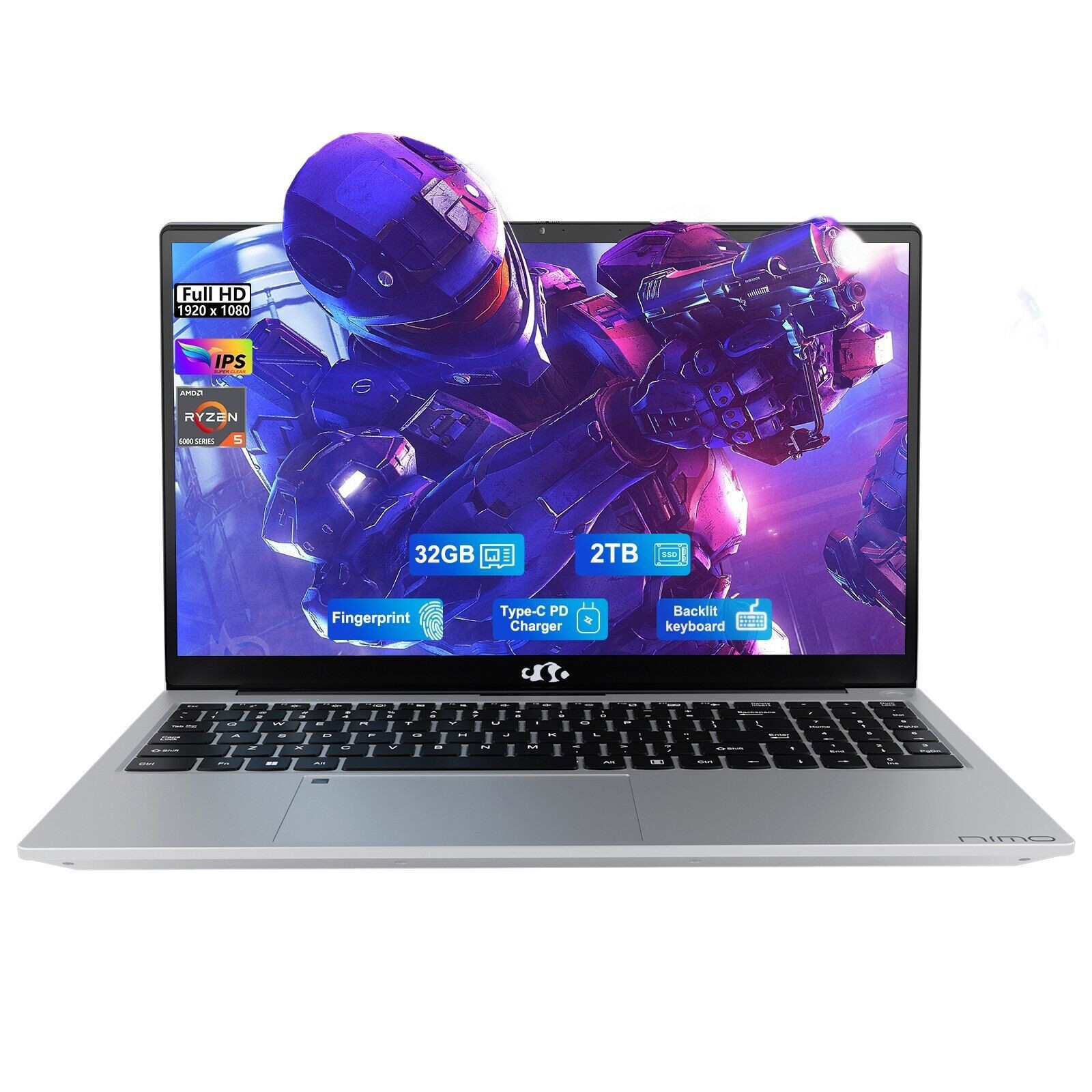 NIMO 15.6 Laptop, AMD Ryzen 5 6600H, 32GB RAM 2TB SSD Fingerprint, Backlit KB