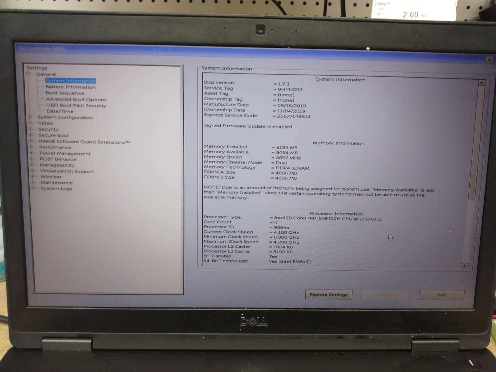 Dell Latitude 5591 FHD 15.6″ 8 GB I5-8400H NO SSD/NO OS