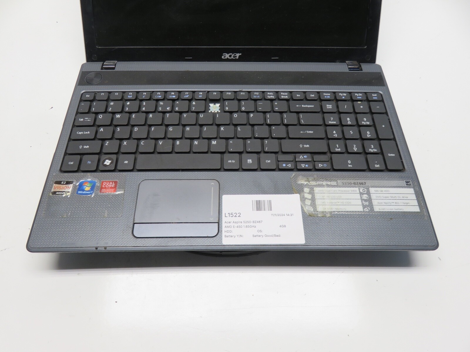 Acer Aspire 5250-BZ467 AMD E-450 1.65GHz 4GB NO HDD No Batt