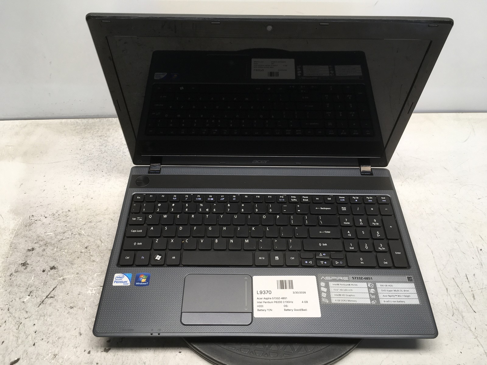 Acer Aspire 5733Z-4851 Intel Pentium P6200 2.13GHz 4 GB NO HDD No Batt