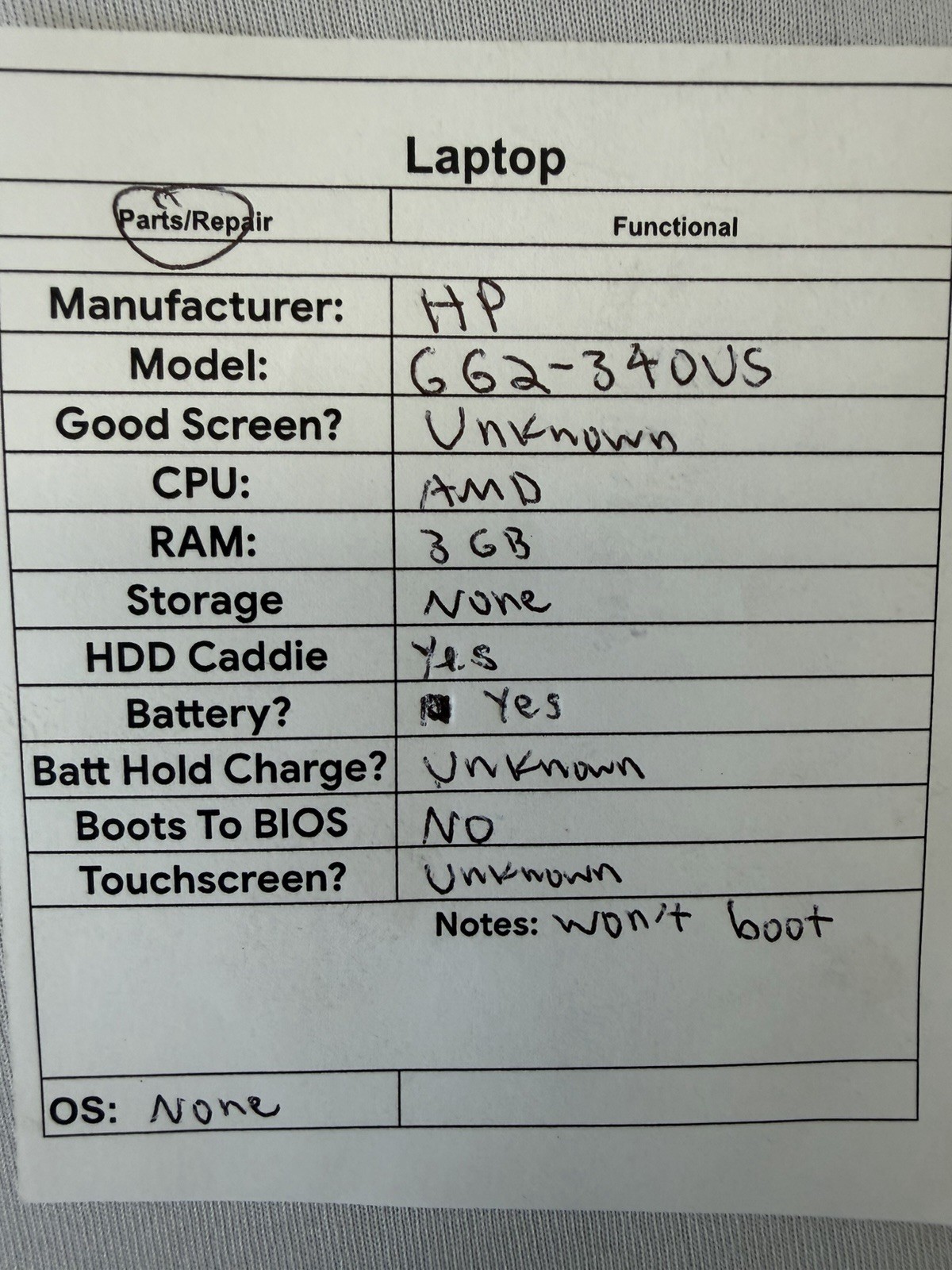 HP G62-340US Laptop – Unknown if Screen is Good – AMD – Read Des