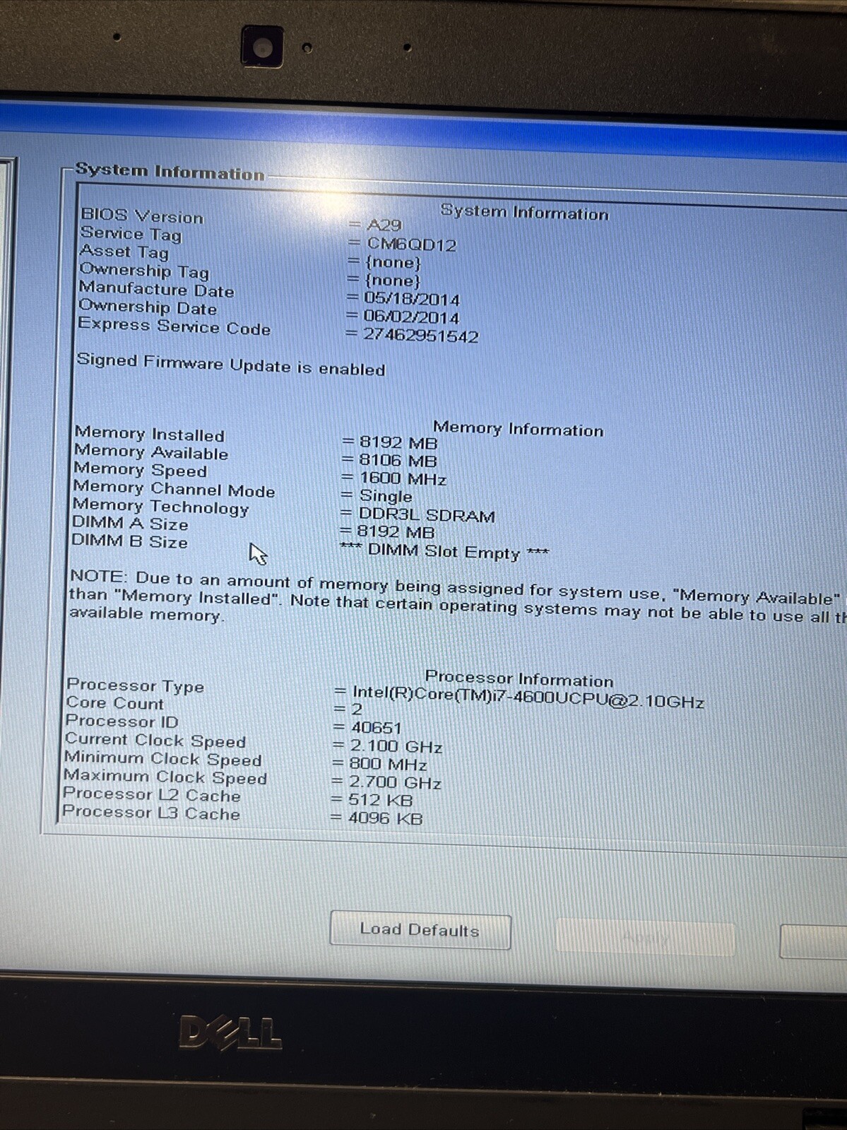 *PARTS* Dell Latitude E7240 Intel Core i7-4600U 2.1GHz 8GB RAM NO HDD/OS/BATTERY