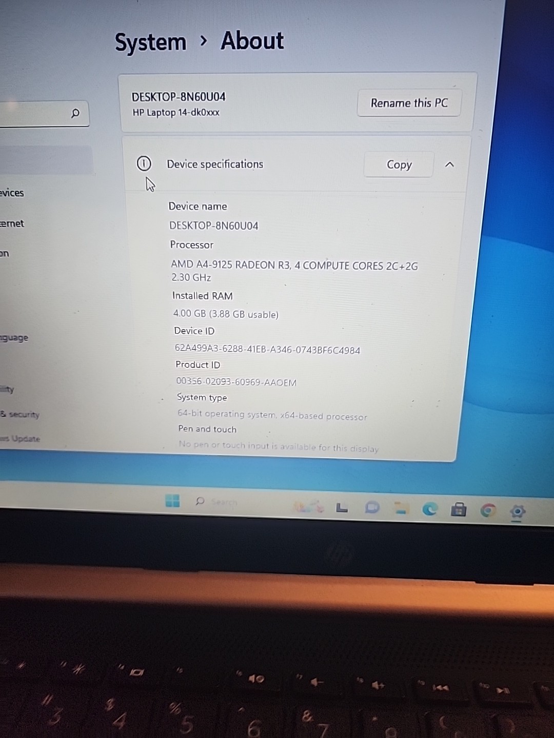 14′ Hp 14-dk0095nr Laptop AMD A4-9125 / 4GB / 128 Gb M.2 Windows 11 Home