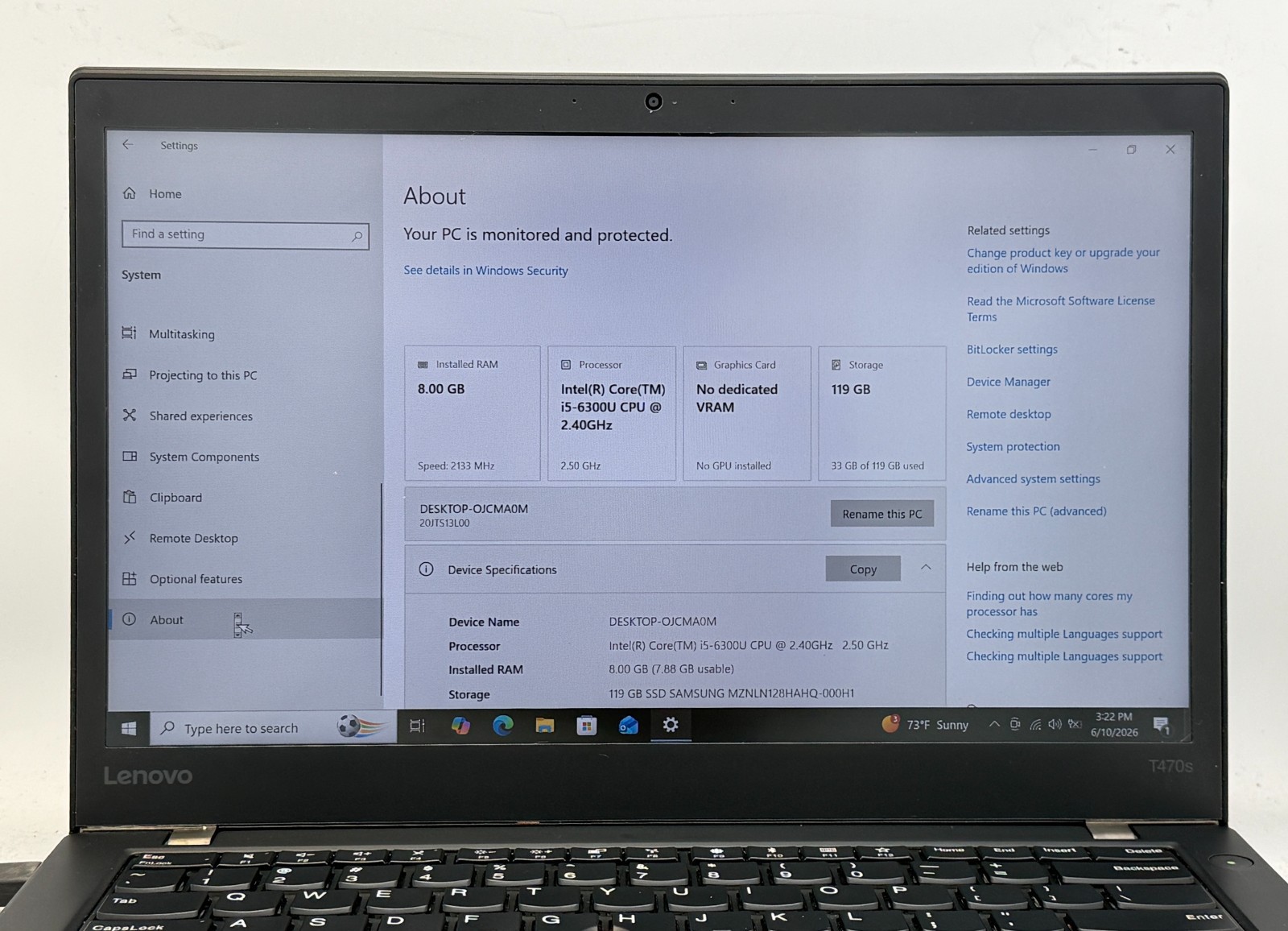 Lenovo Thinkpad T470s i5-6300u 2.4GHz 8GB RAM- NO SSD- NO BATTERY