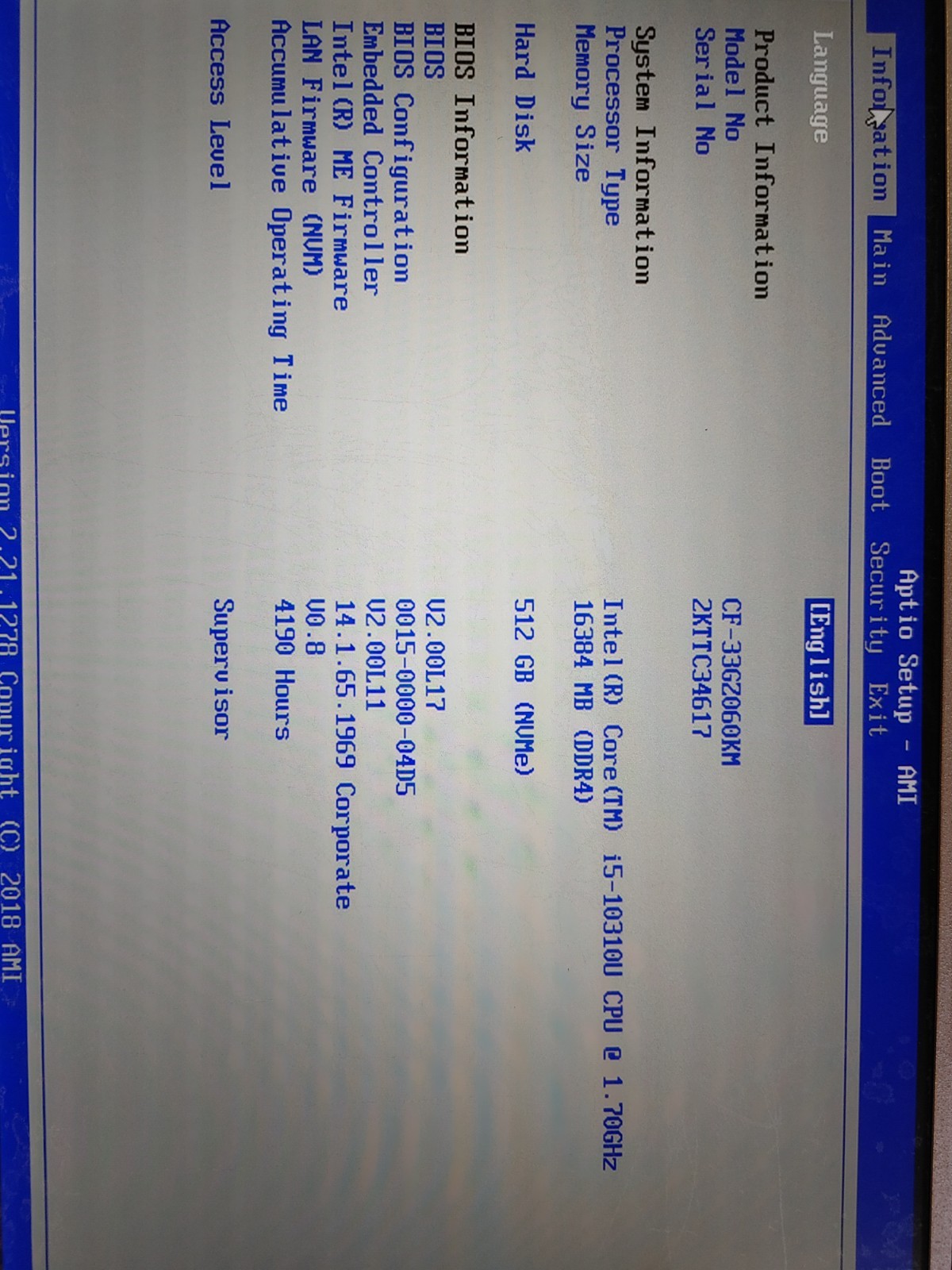 Panasonic Toughbook CF-33 Core i5-10310U@1.70GHz, 16GB RAM , 512GB SSD , NO OS