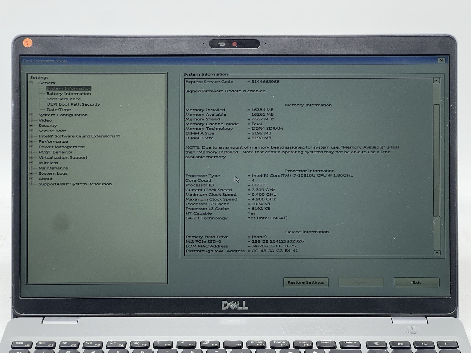 Dell Precision 3550, i7-10510U CPU, @1.80GHz, 16GB RAM, 256GB NVMe-No OS/Charger