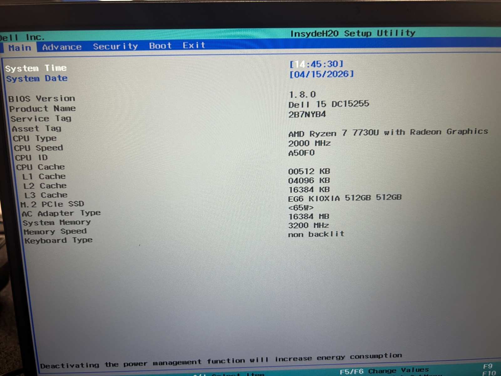 DELL 15 DC15255 G8MK9, AMD Ryzen 7 7730U, 2.00 GHz, 16 GB RAM, 512 GB NVMe SSD