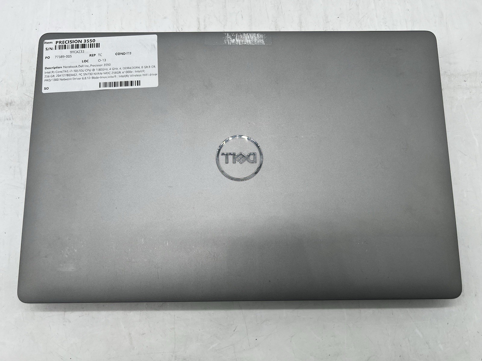 Dell Precision 3550, i7-10510U CPU, @1.80GHz, 16GB RAM, 256GB NVMe-No OS/Charger