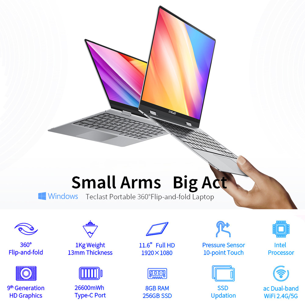 Quick Charge 360 Rotating Touch Screen Laptop Intel 8GB RAM 256GB Win10 Notebook