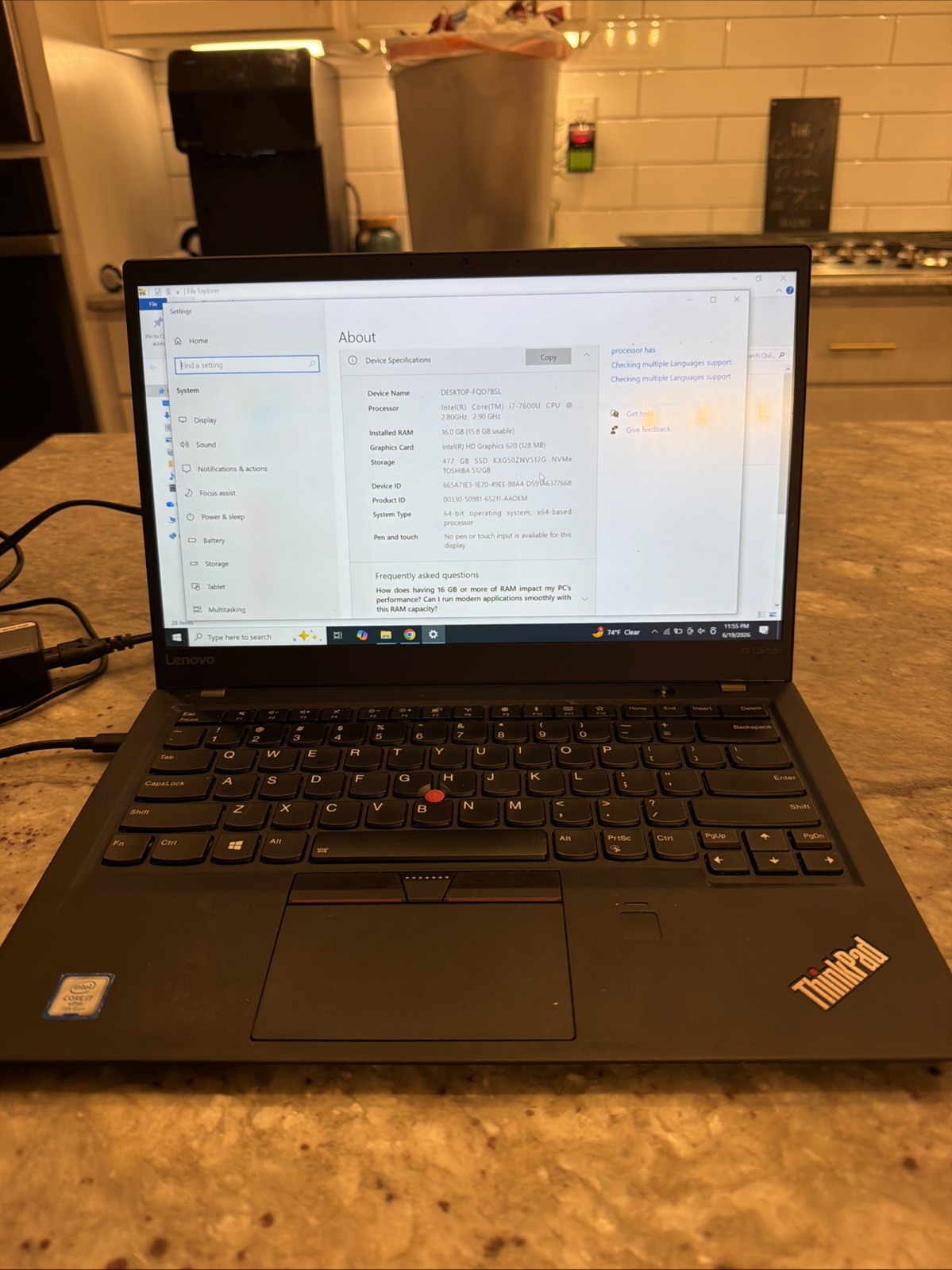 Lenovo ThinkPad X1 Carbon 5th Gen 14″ FHD I7-7600U 512GB SSD 16GB W10P FPR
