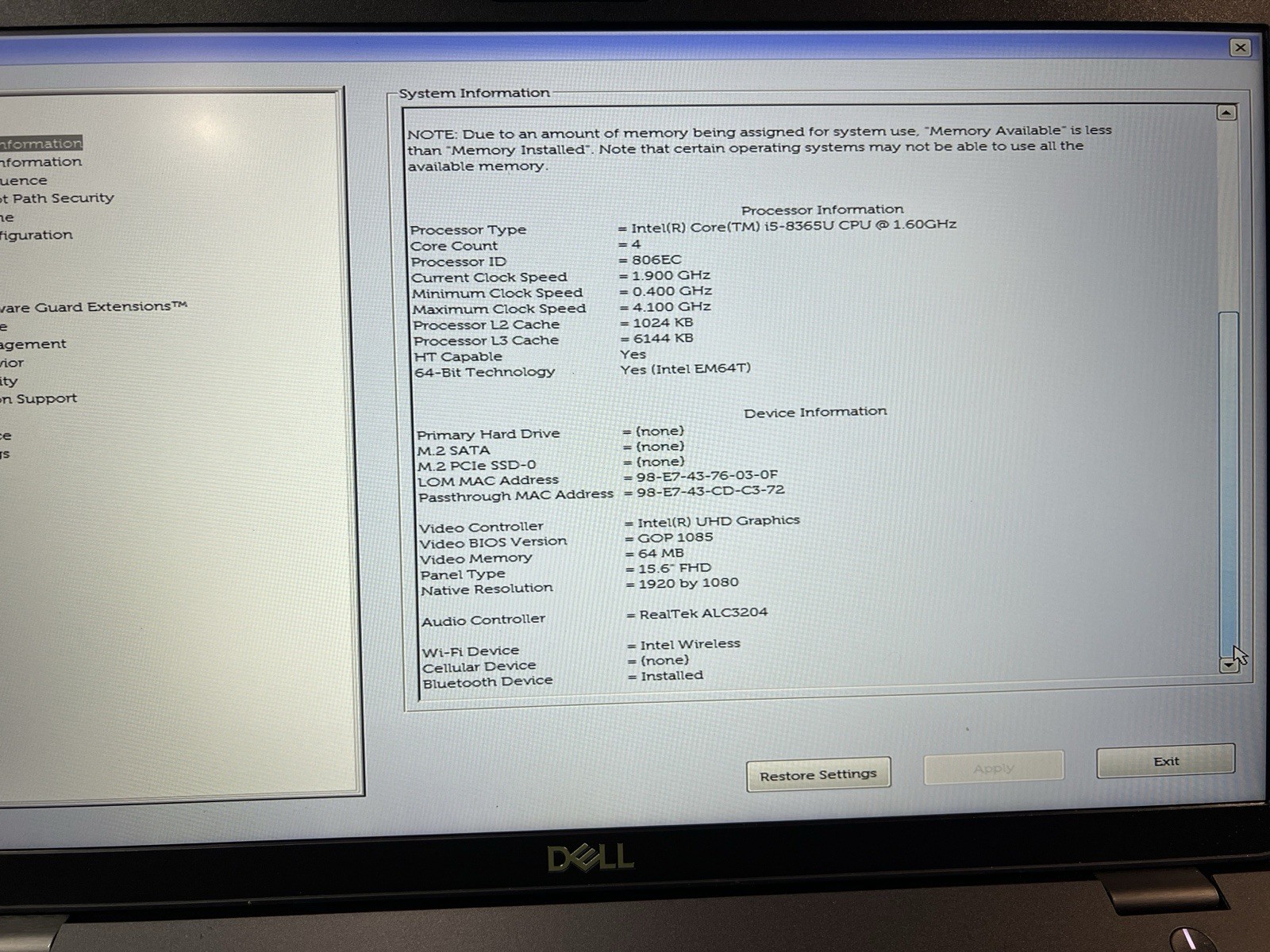 Dell Latitude 5500 15.6″ i5-8365U 1.60 GHz 8 GB RAM No SSD/OS/AC Very Good
