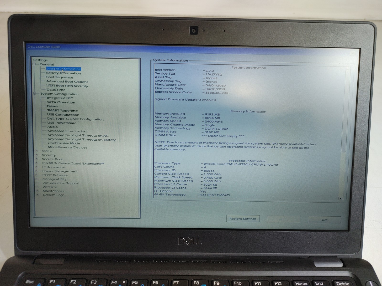 Dell Latitude 5290 Core i5-8350U 1.70 GHz 8 GB DDR4 No HDD