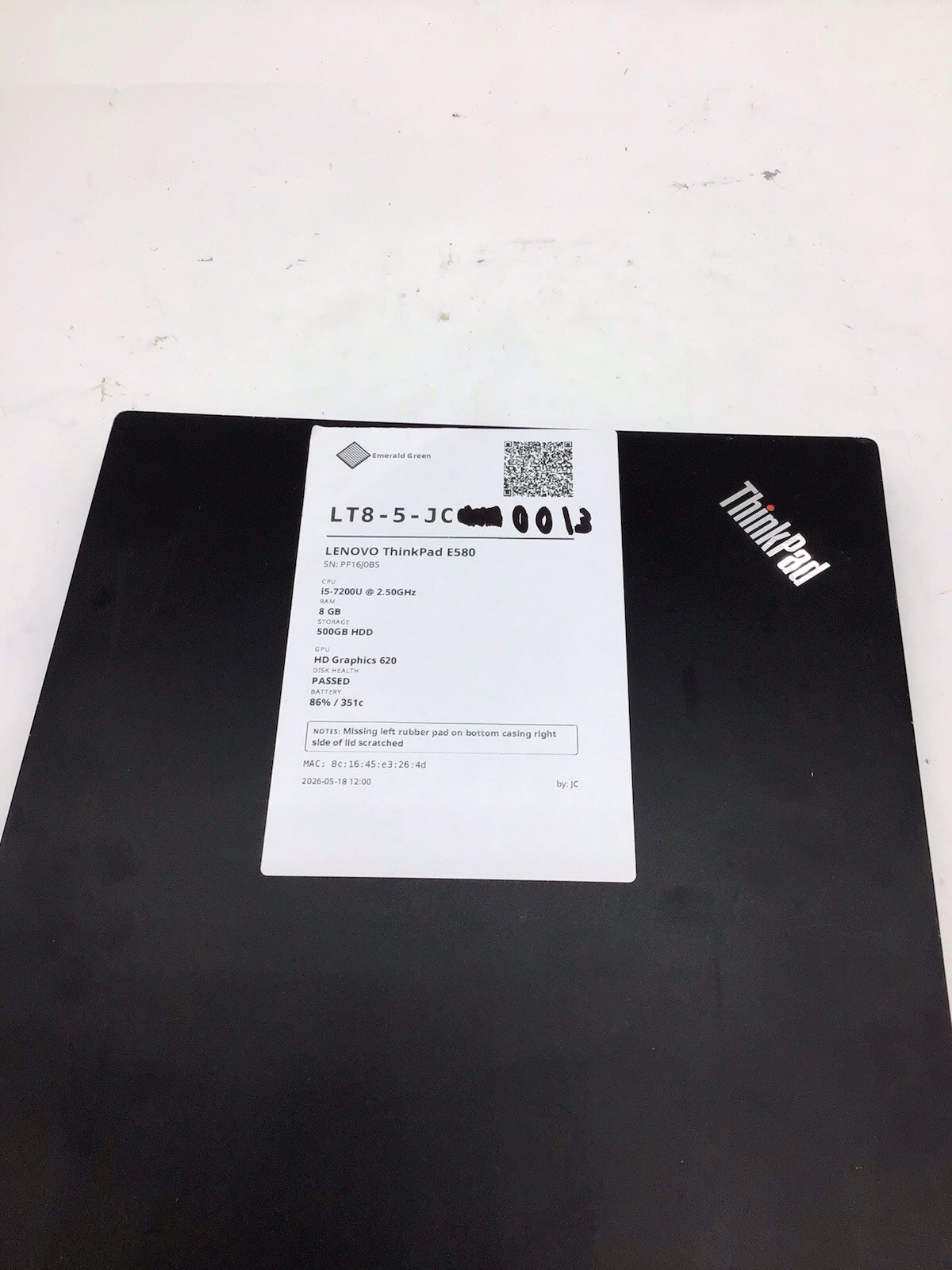 Lenovo ThinkPad E580 15.6″ Laptop i5-7200 8GB RAM 500GB HDD Windows 11 P Used RD