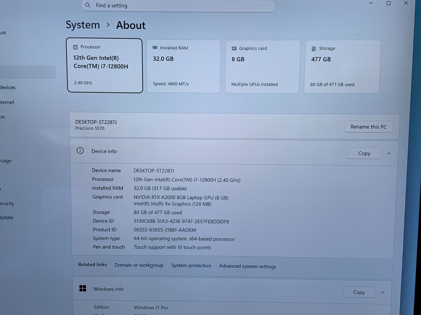 Dell Precision 5570 15.6″ UHD+ Touch i7-12800H 32GB 512GB NVMe NVIDIA RTX A2000