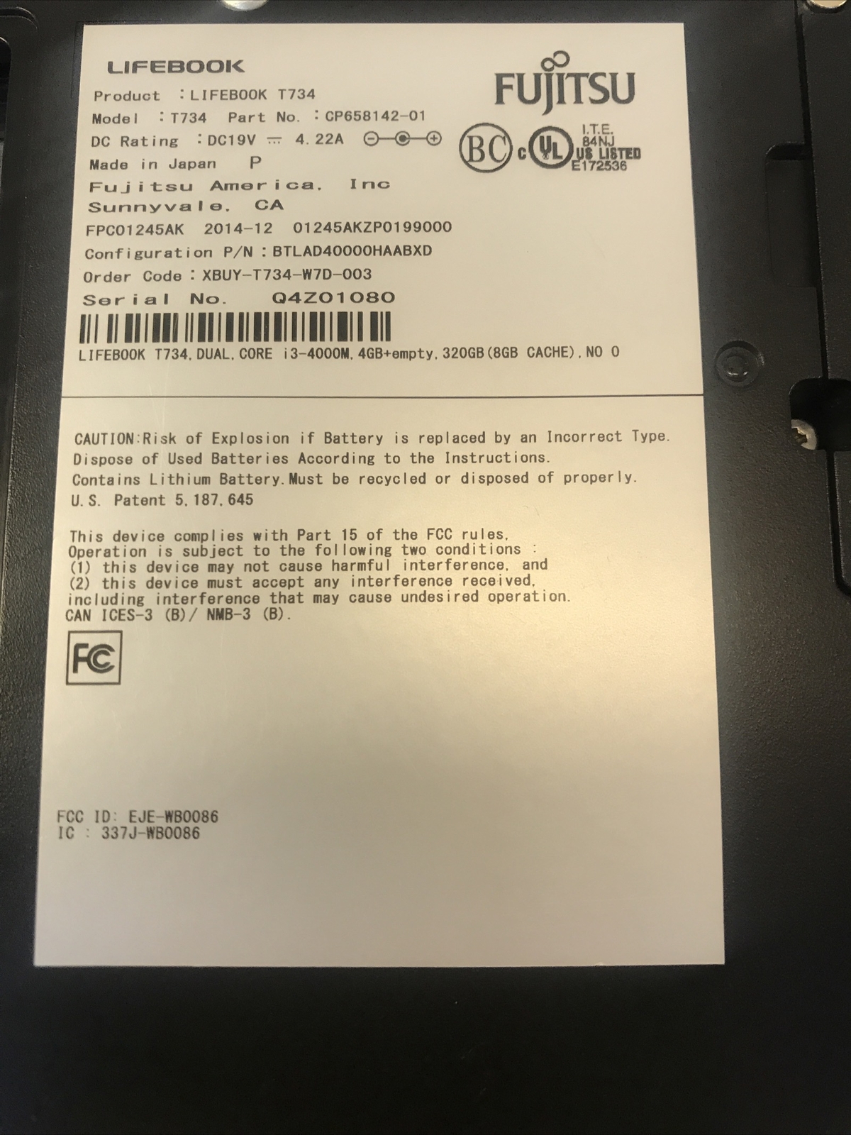 Fujitsu Lifebook T734 Intel i3-4000M CPU 2.40GHz 8 GB RAM NO HDD Boot to BIOS.