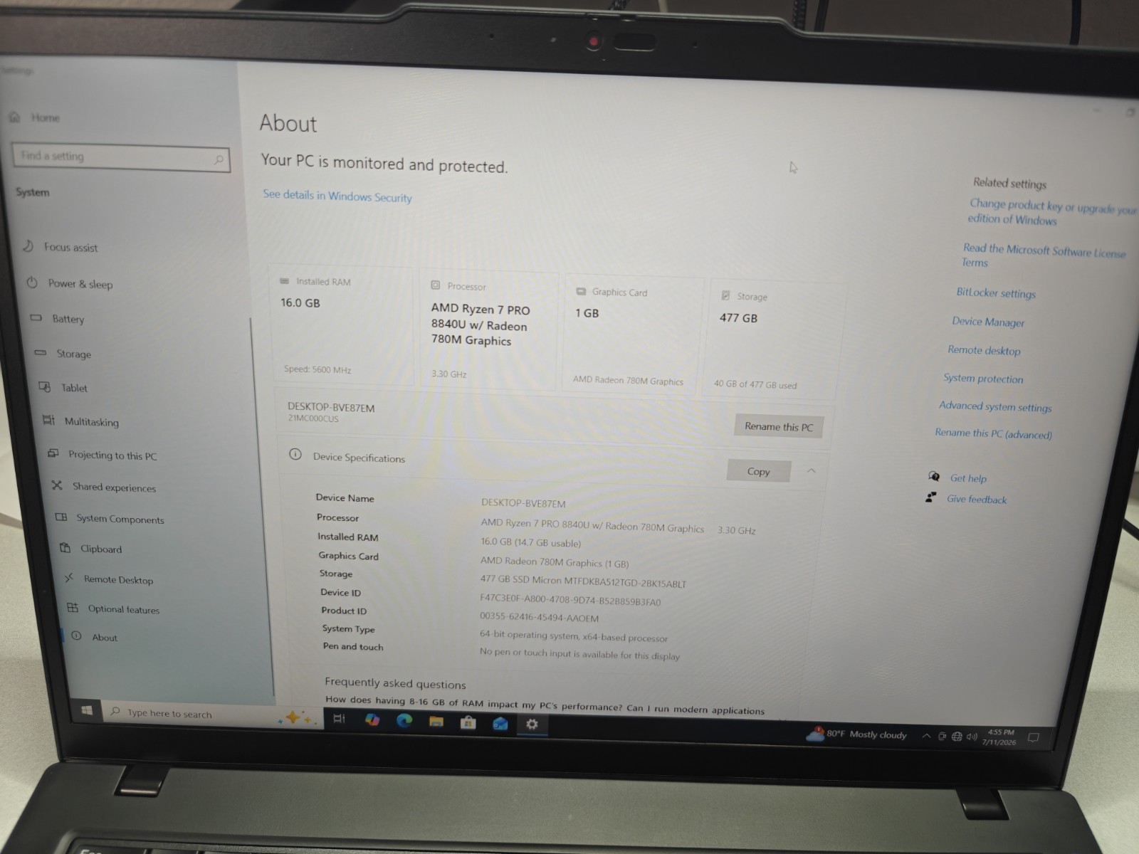 Lenovo ThinkPad T14 Gen 5 14in Ryzen 7 PRO 8840U 16GB 512GB SSD Win10