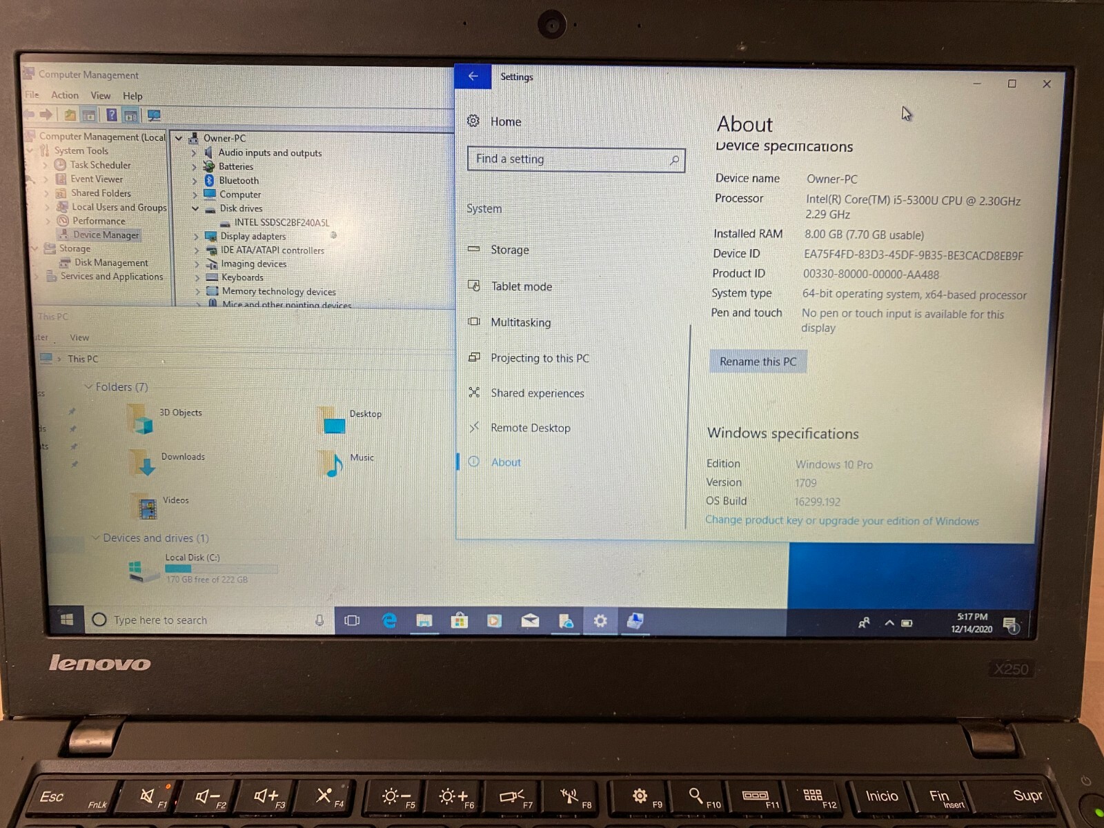 Lenovo ThinkPad X250 Intel i5-5300U 2.30Ghz 8GB RAM 500GB HDD Windows 10 PRO