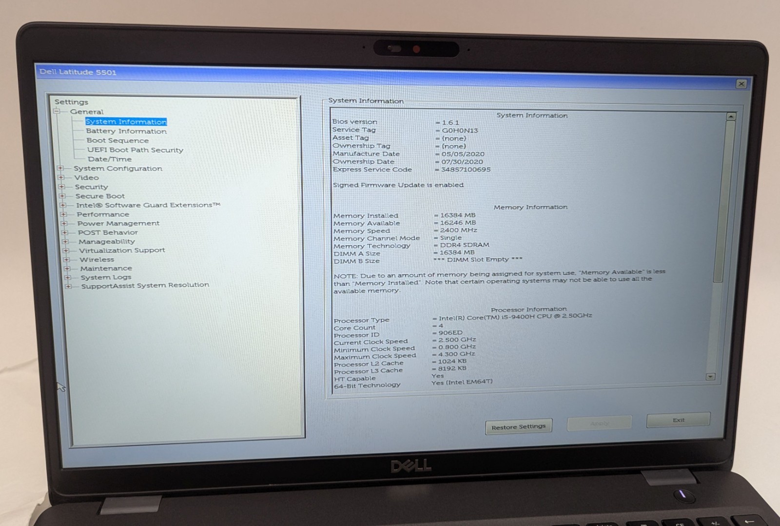 Incomplete Dell Latitude 5501 15.6″ Laptop i5-9400H 2.50GHz 16GB RAM – *READ*