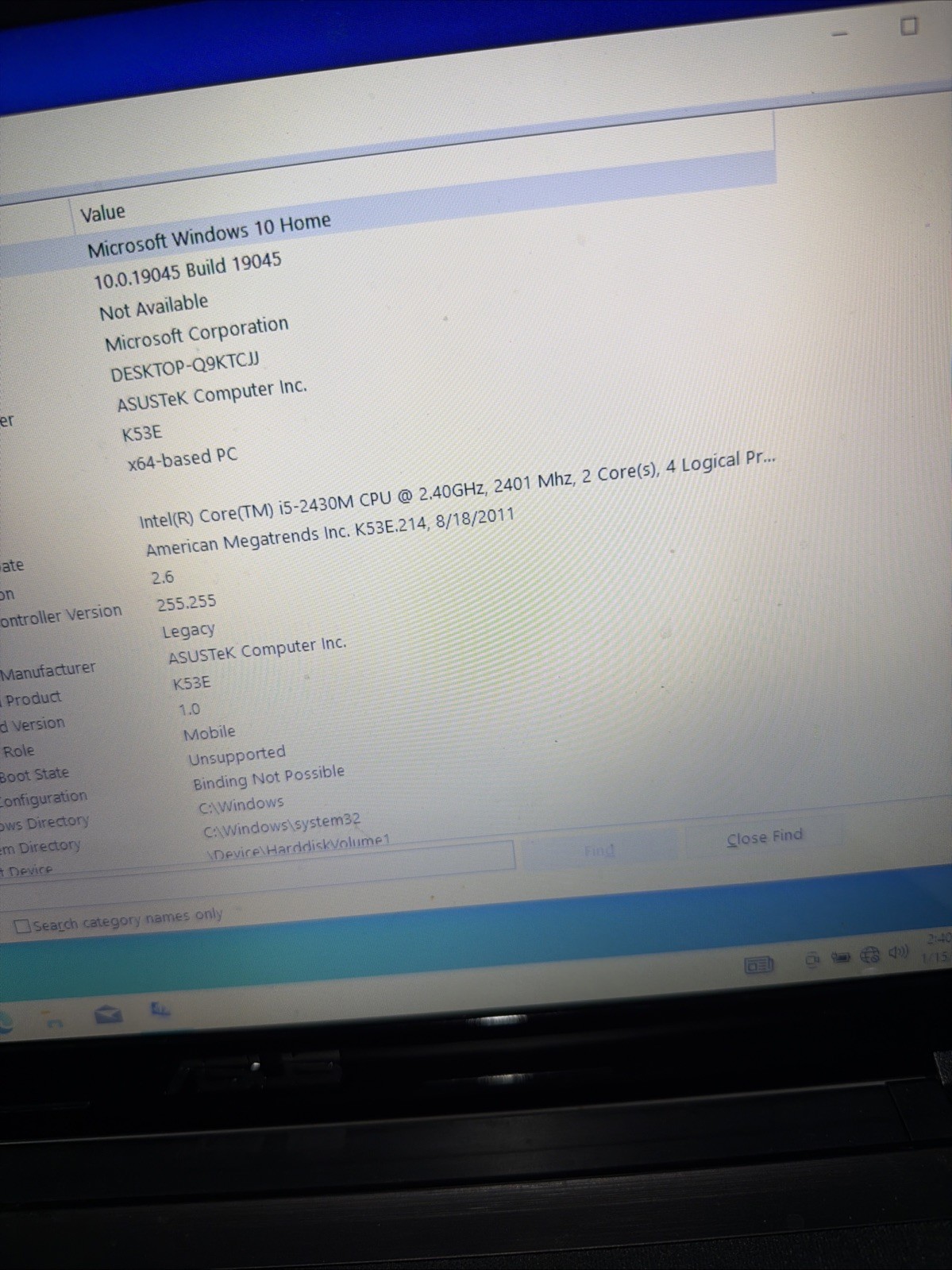 Asus K53E 15″ Laptop i5-2430m 4gb Ram 256gb SSD Windows 10 Home