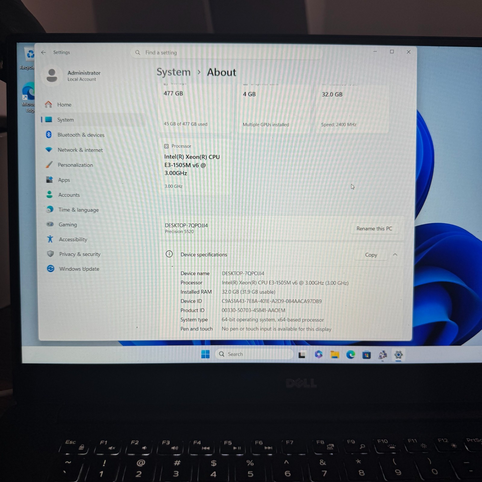 Dell Precision 5520 Xeon E3-1505M 32GB RAM 512GB SSD Quadro M1200 Win 11 Read