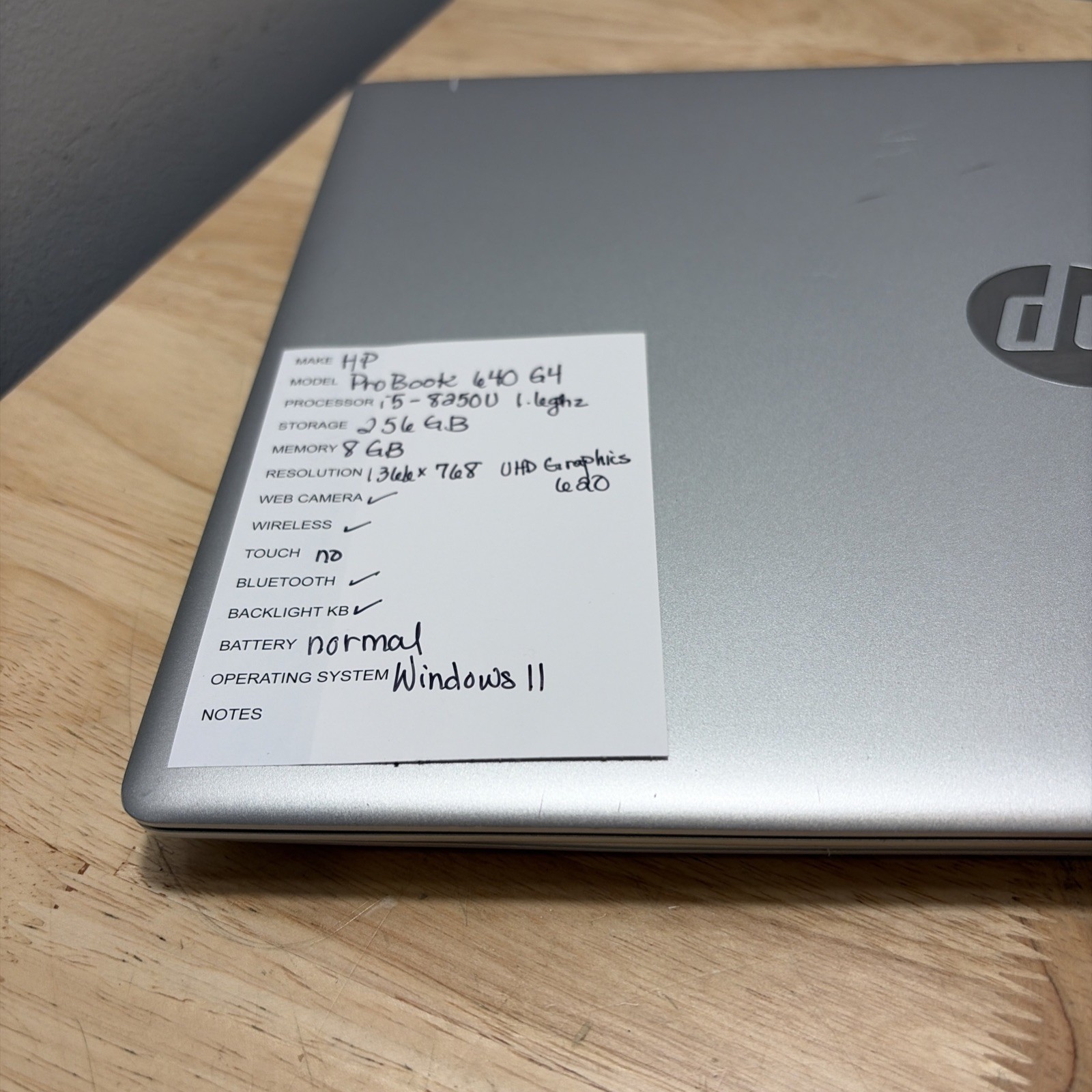 HP ProBook 640 G4 15″ CORE i5-8250U 1.60GHZ , 8GB, 256GB WCAM WIFI WIN11 CORD