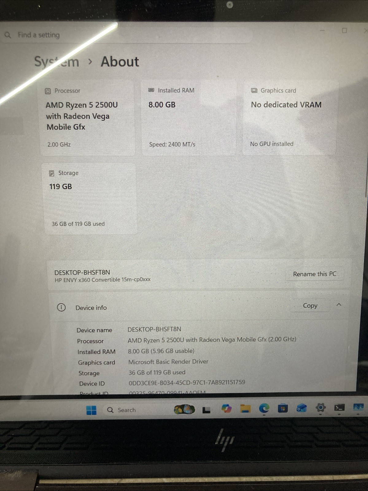 HP ENVY X360 CONVERTIBLE AMD RYZEN 5 2500U 2.00GHz 8GB 128GB TOUCH W11 Pro