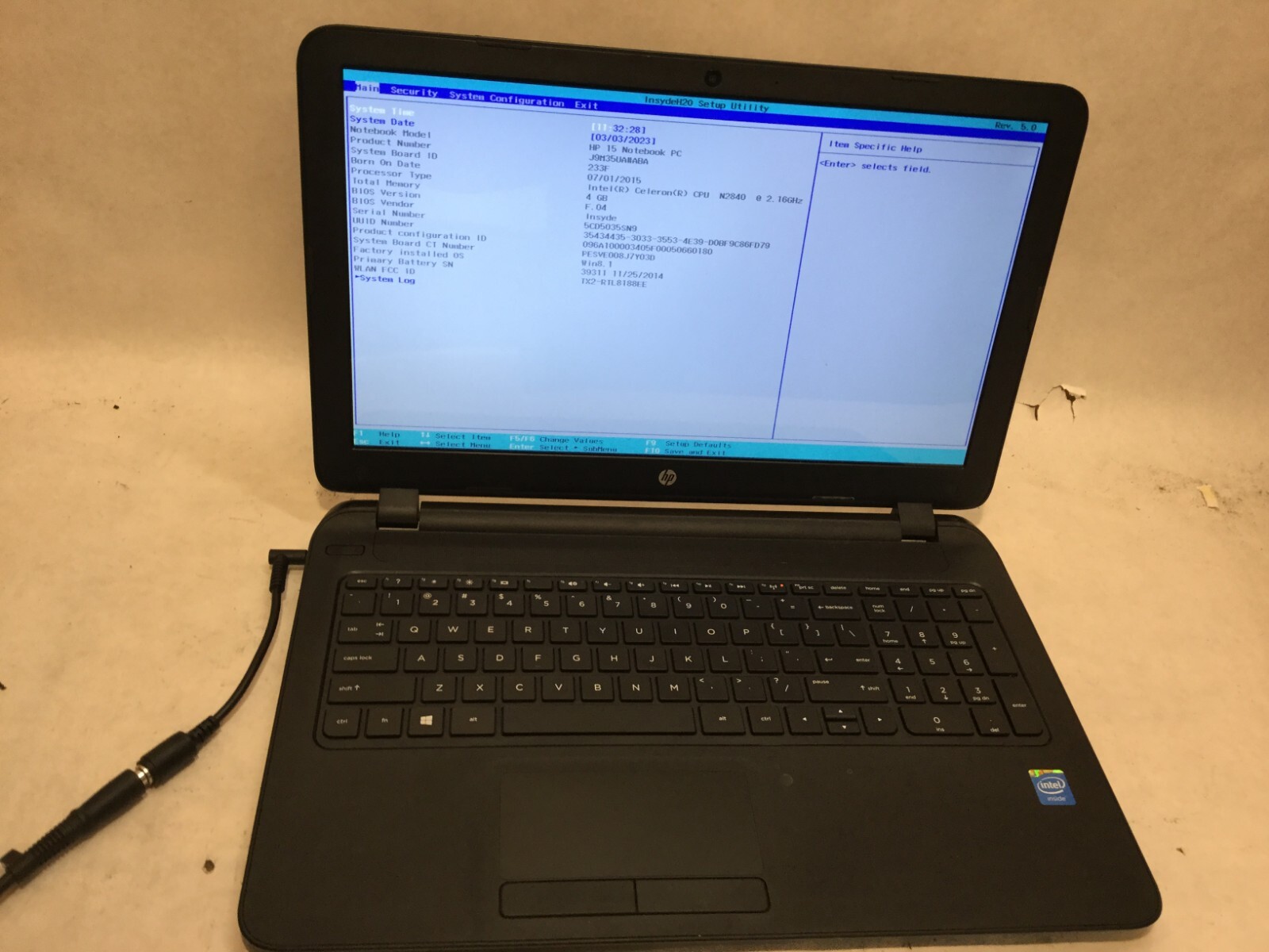 HP 15-f033wm / Intel Celeron N2840 @ 2.16GHz / (NO STORAGE or MEMORY) -MR