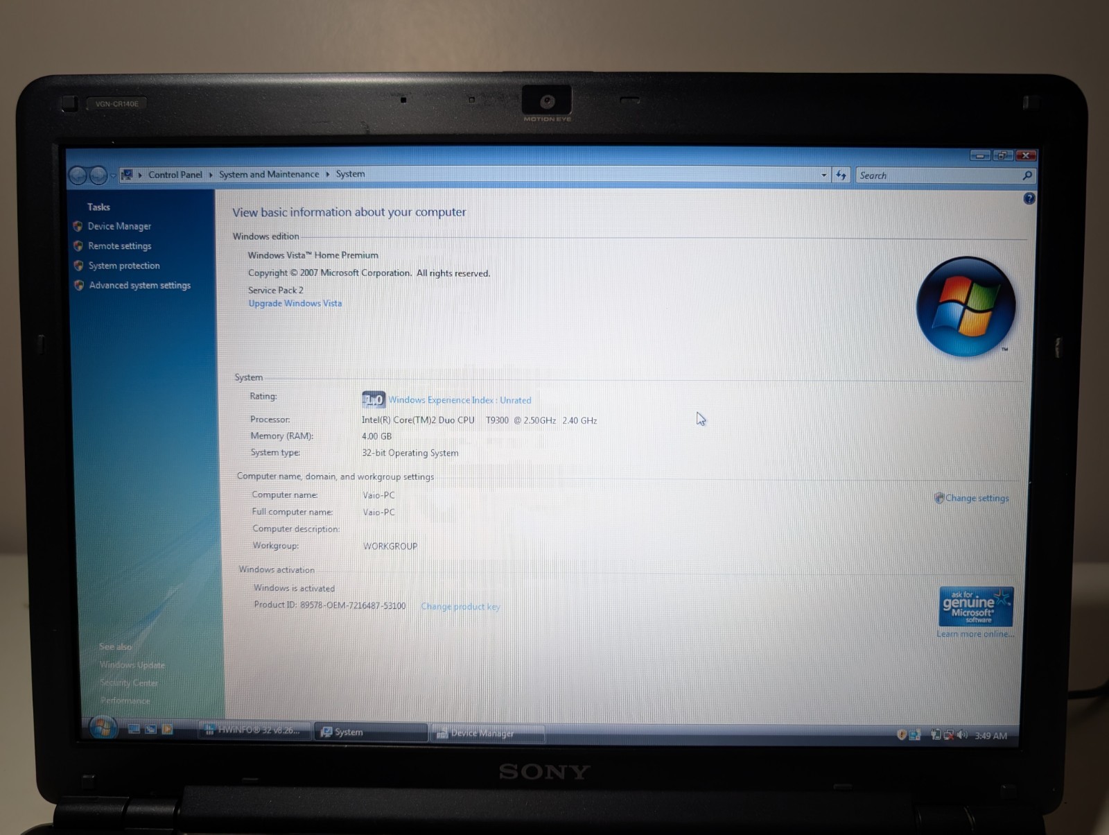 14″ Sony Vaio VGN | C2D T9300 4GB RAM 128GB SSD | DVD Win Vista 32-Bit