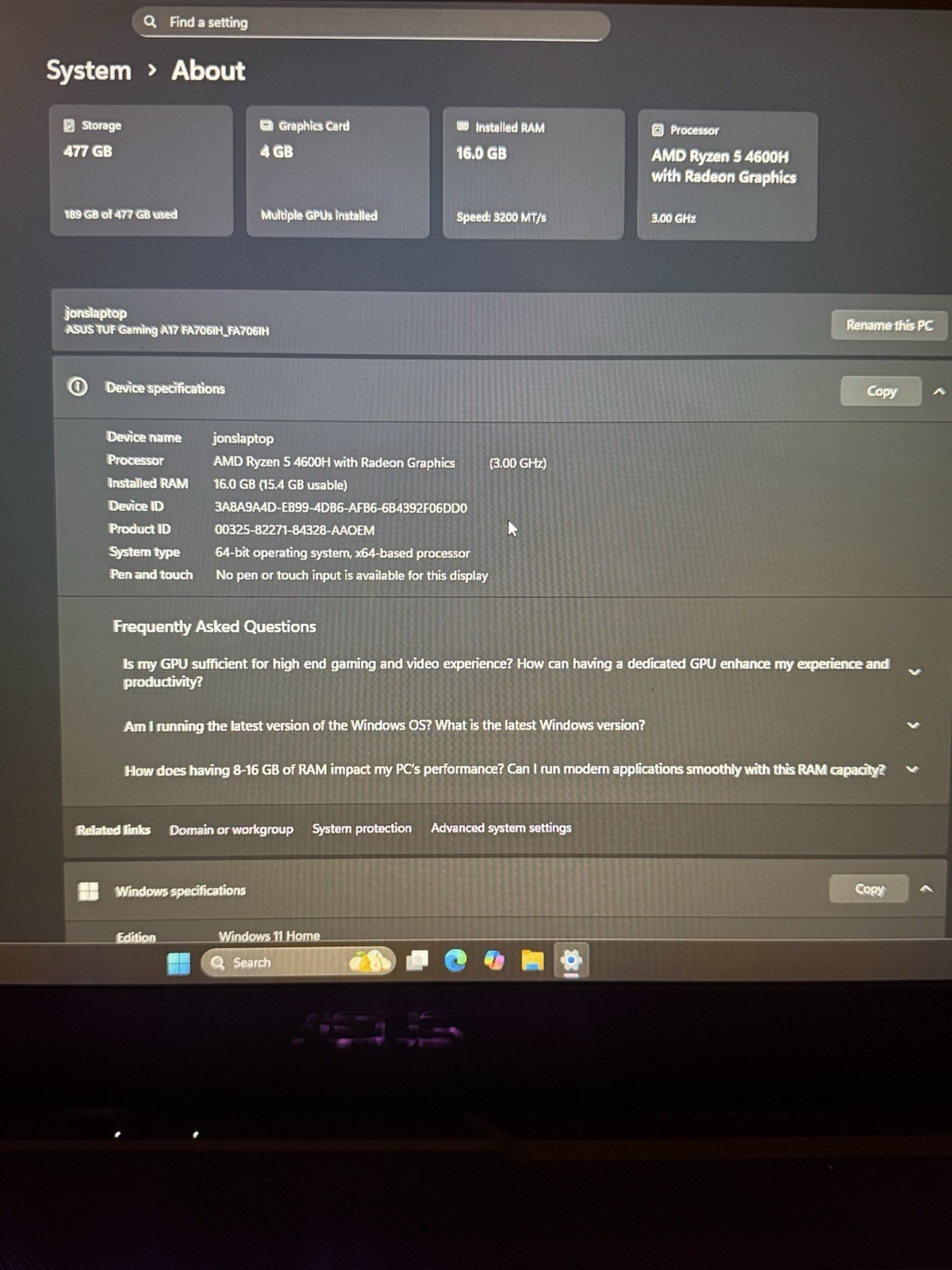 ASUS TUF Gaming Laptop A17 Ryzen 5 8GB RAM 512GB SSD RTX 2050 Windows 11 FA706N