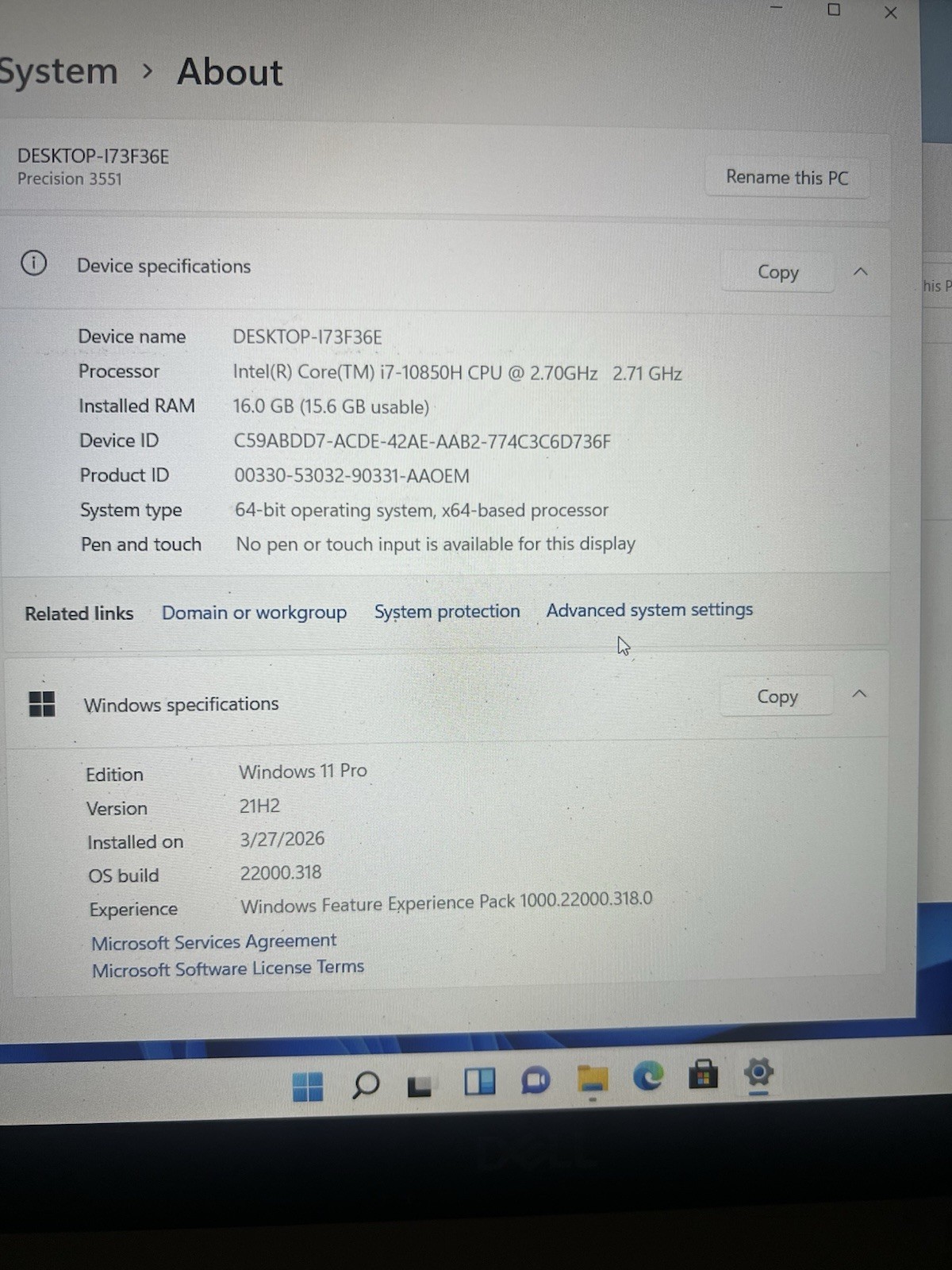 Dell Precision 3551 15″ FHD i7-10850H 2.70G 16GB 256GB SSD – Win 11 Pro