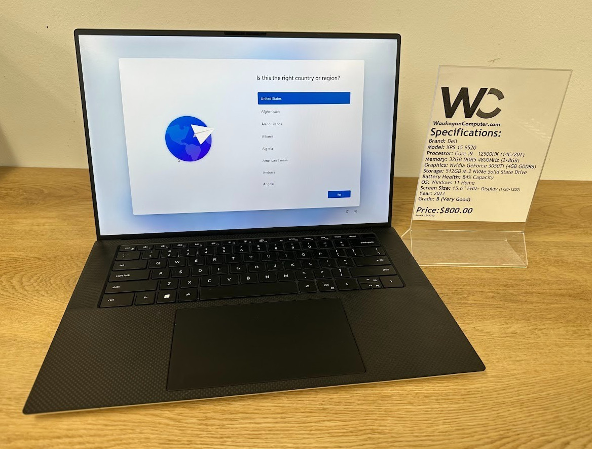Dell XPS 15 9520, Core i9 12900HK, 32GB DDR5, Nvidia GeForce 3050Ti, 512GB SSD
