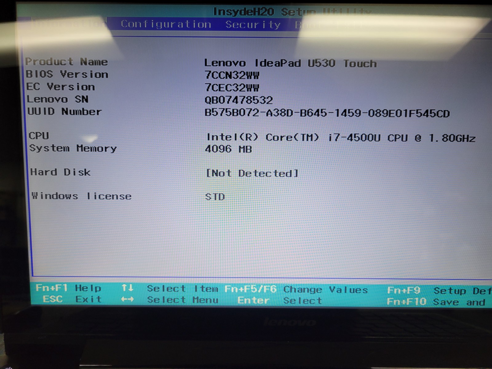 Lenovo IdeaPad U530 i7-4500U 4GB RAM *AS IS/BIOS* (NO HDD/BATT/OS/COVER) | LP505