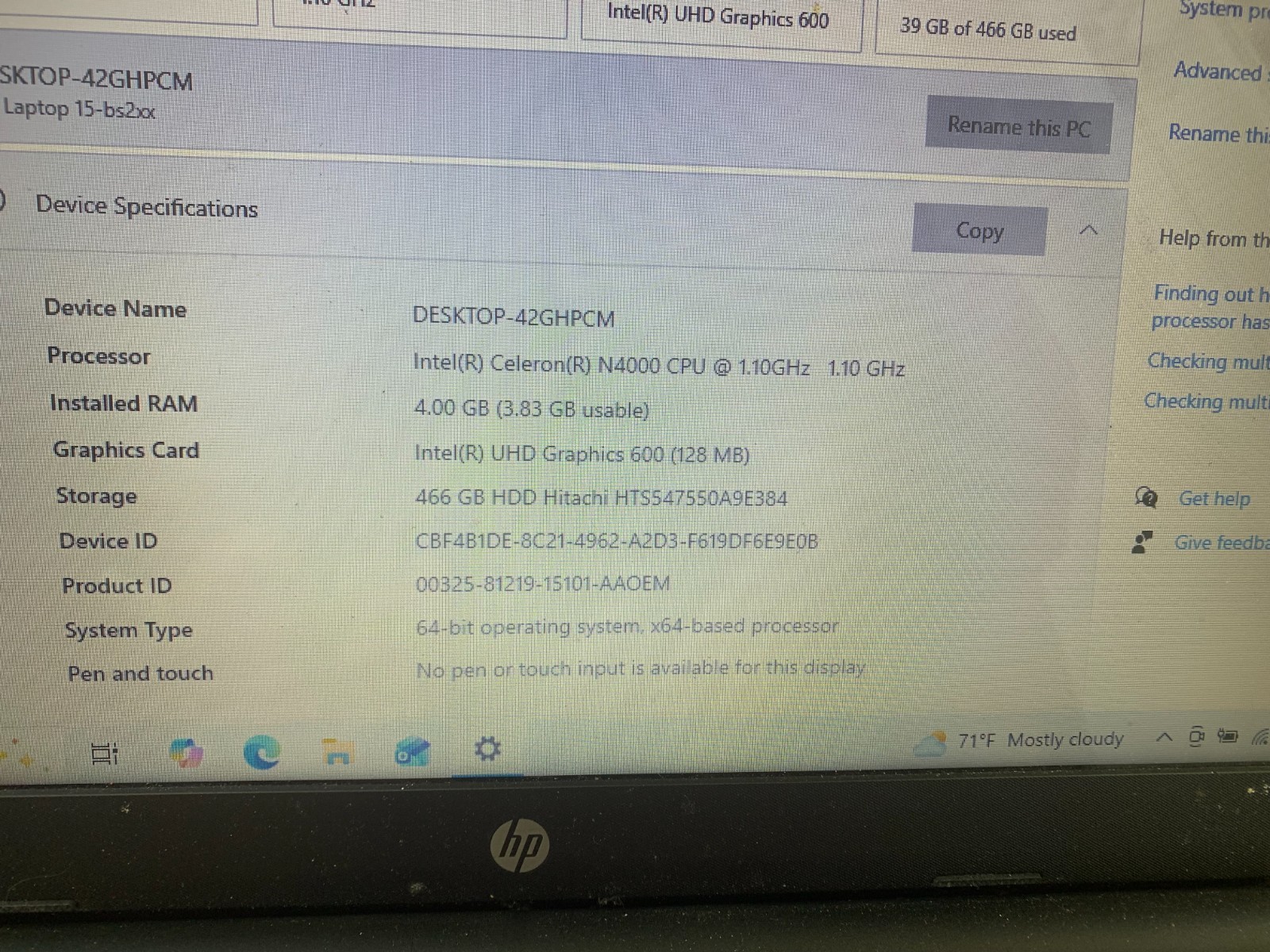 HP 15-bs212wm 15.6″ Intel Celeron N4000 1.10GHz 4GB RAM 500GB HDD Win 10 Home
