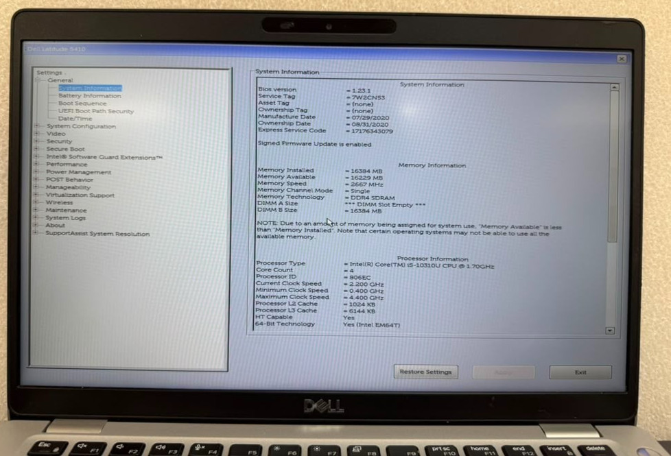 Dell Latitude 5410 Core i5-10310U 14″No SSD No RAM Missing Batt