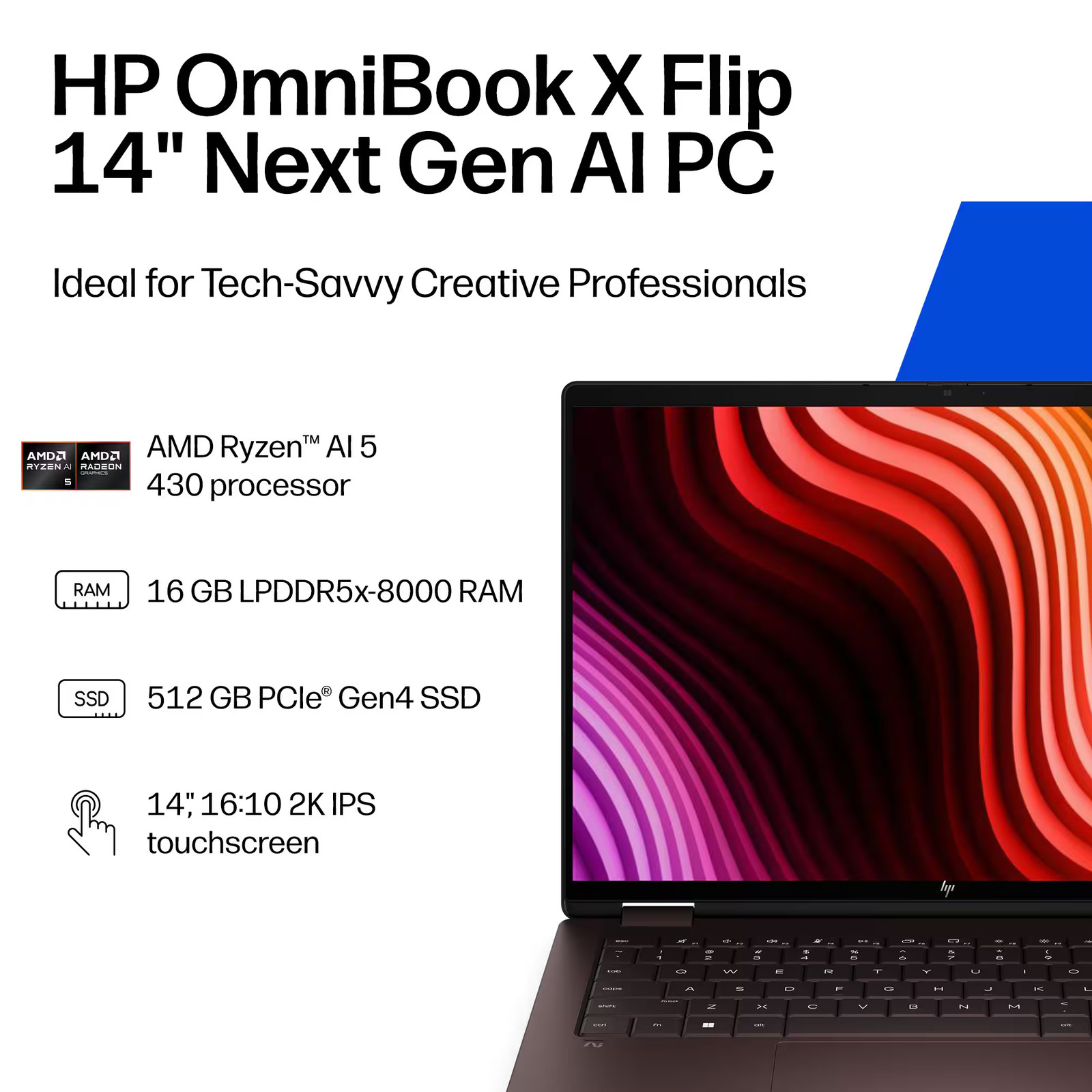 HP – OmniBook X Flip 2-in-1 – 14″ 2K Touchscreen Laptop – AMD Ryzen AI 5 430 …