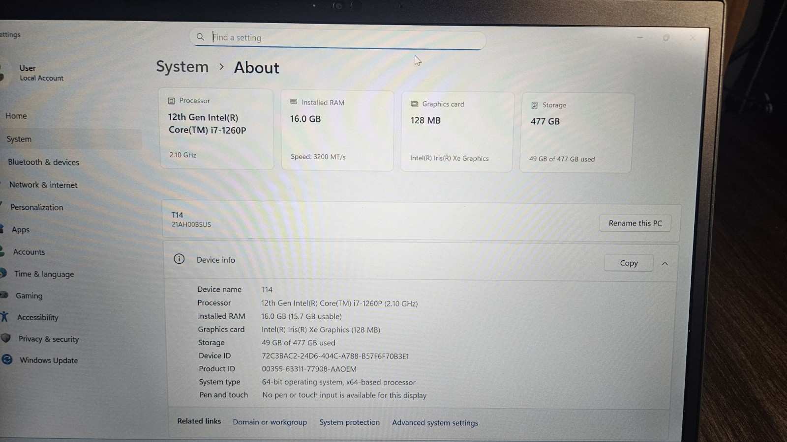 Lenovo ThinkPad T14 Gen 3 i7-1260P 16GB RAM 512GB SSD Windows 11 Pro