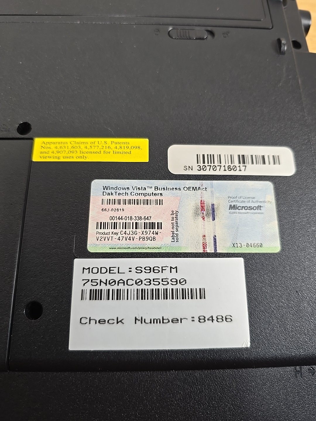 Upgraded DaKTech Windows Vista Buisiness Model S96FM Laptop Computer Works