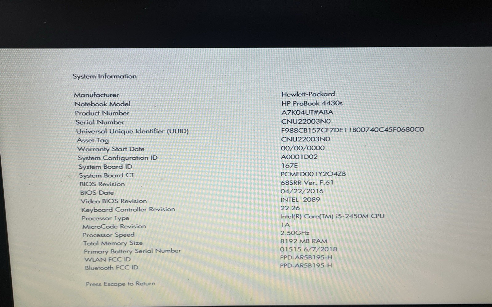 HP Probook 4430S i5-2450M 2.5GHZ 8GB RAM NO HDD NO OS