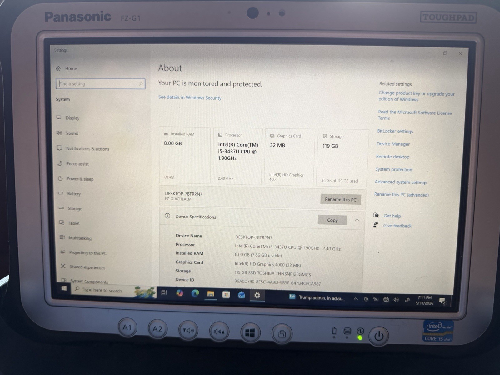 Panasonic FZ-G1 10.1” i5-3437U 1.9GHz 8GB 128GB SSD With Docking Station