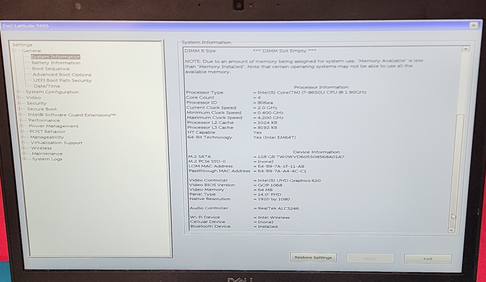 Dell Latitude 7490 14″ FHD i7-8650U CPU 8GB 120GB SSD Win11Pro