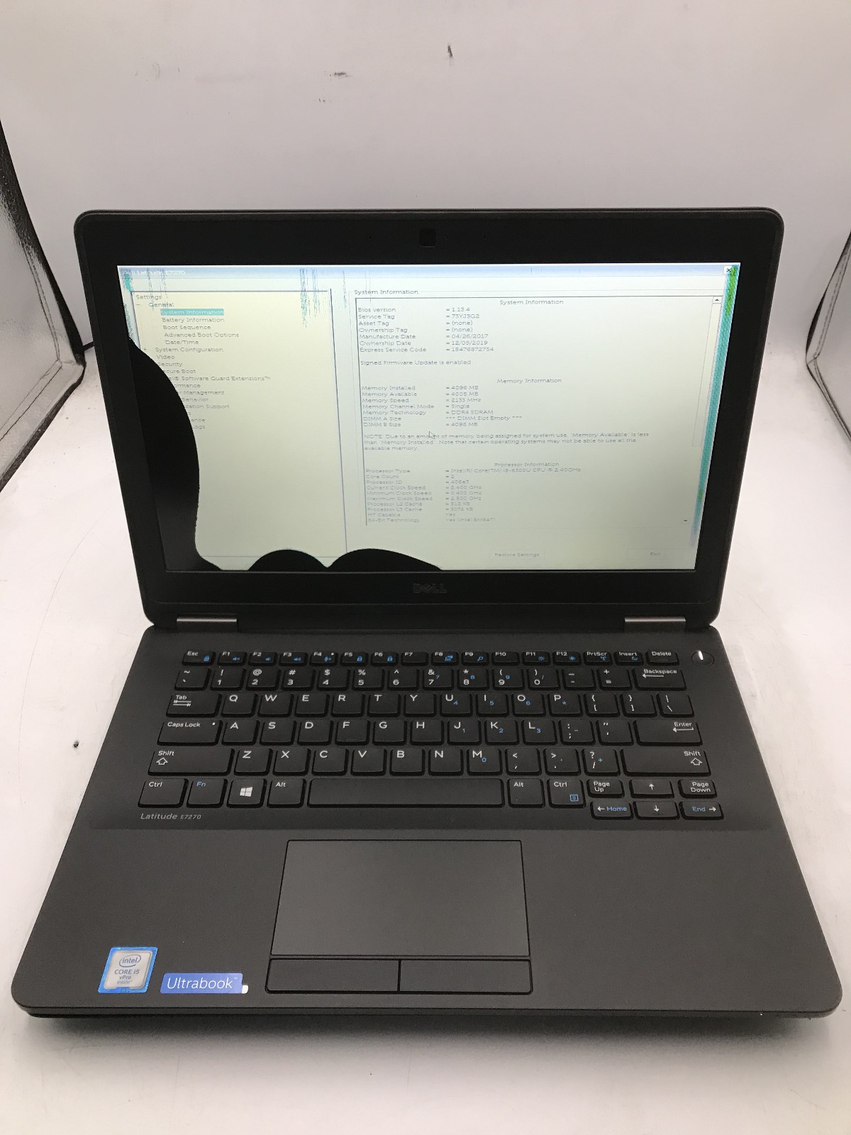 DELL LATITUDE E7270 – BOOTS TO BIOS/BAD LCD – INTEL I5 6300U – NO RAM – READ -BB