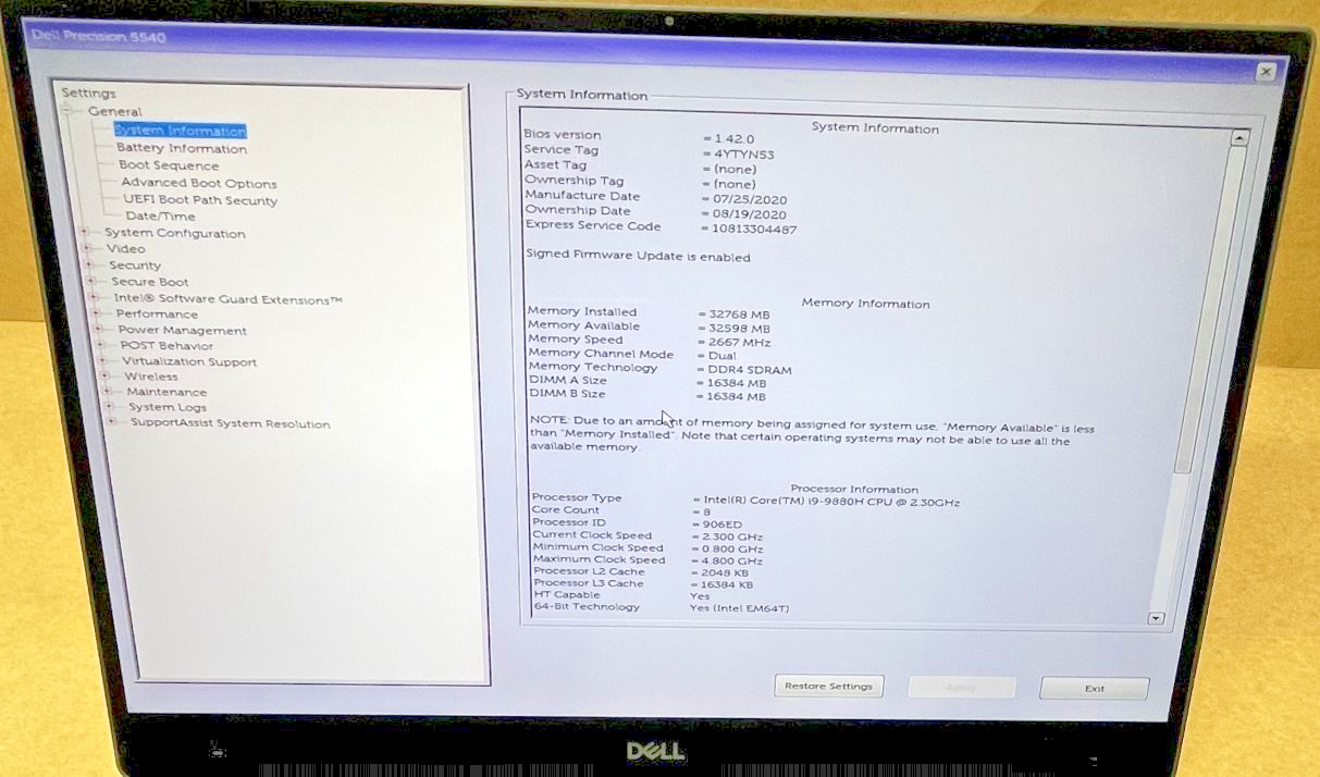 Dell Notebook Precision 5540 i9 32gb 15.6″ Touch Ultra NVIDIA T2000 Nice 130w AC