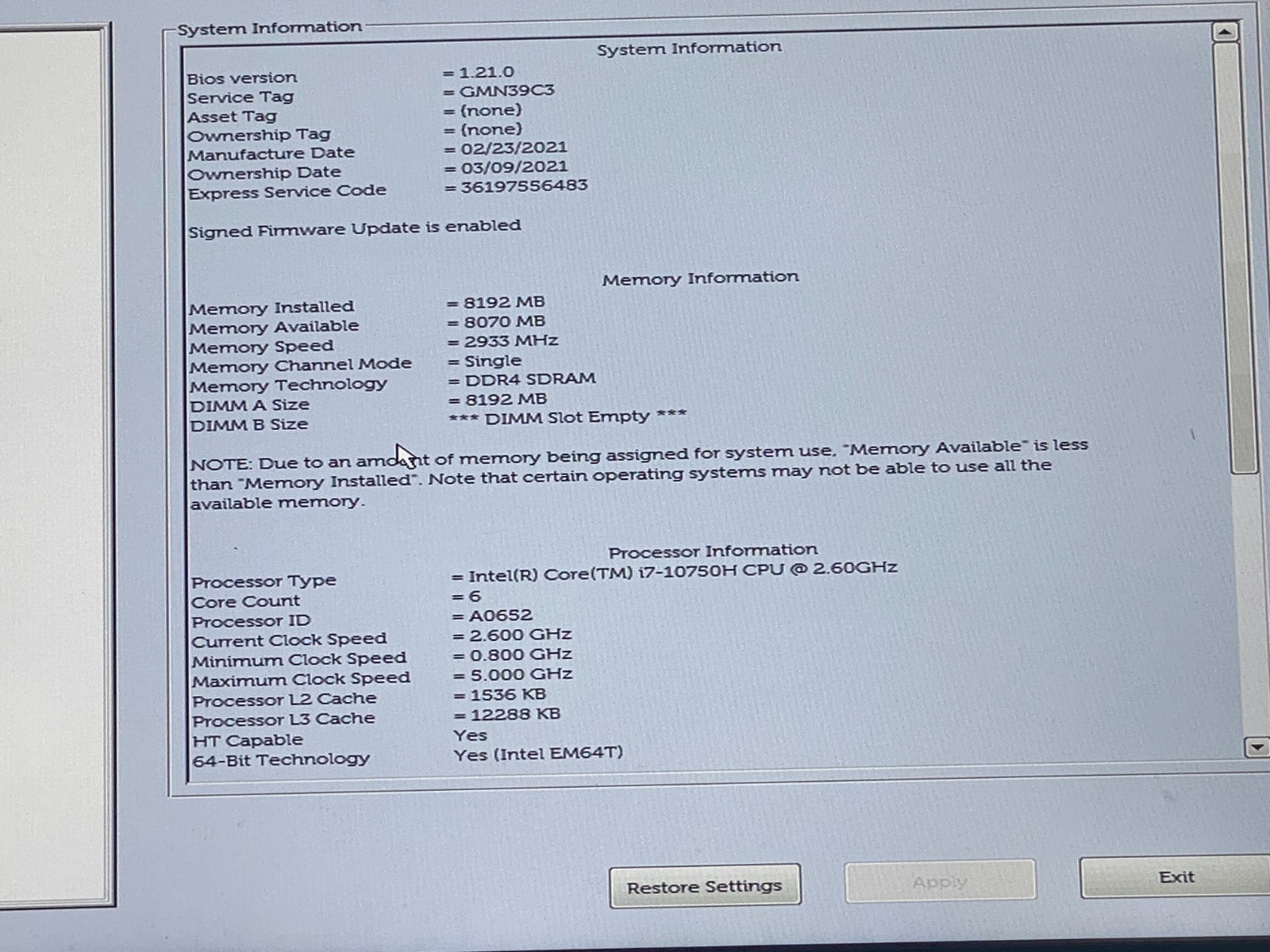 LOT(2) DELL PRECISION 3551 i7-10750H@2.60GHz 8GB NO SSD/OS BIOS TESTED *READ